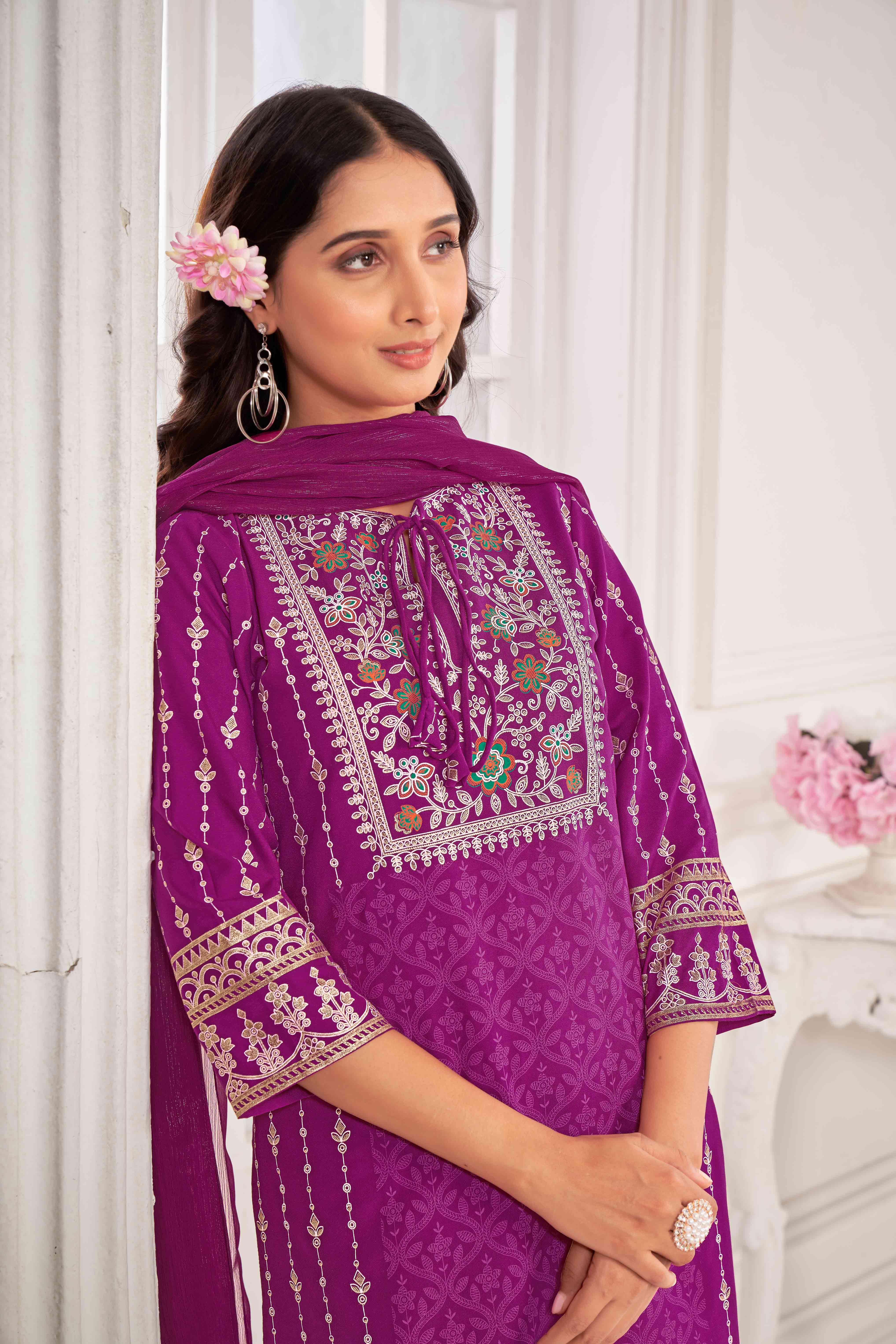 Purple Embroidered Straight Kurti with Pant and Dupatta Set - Sunheri