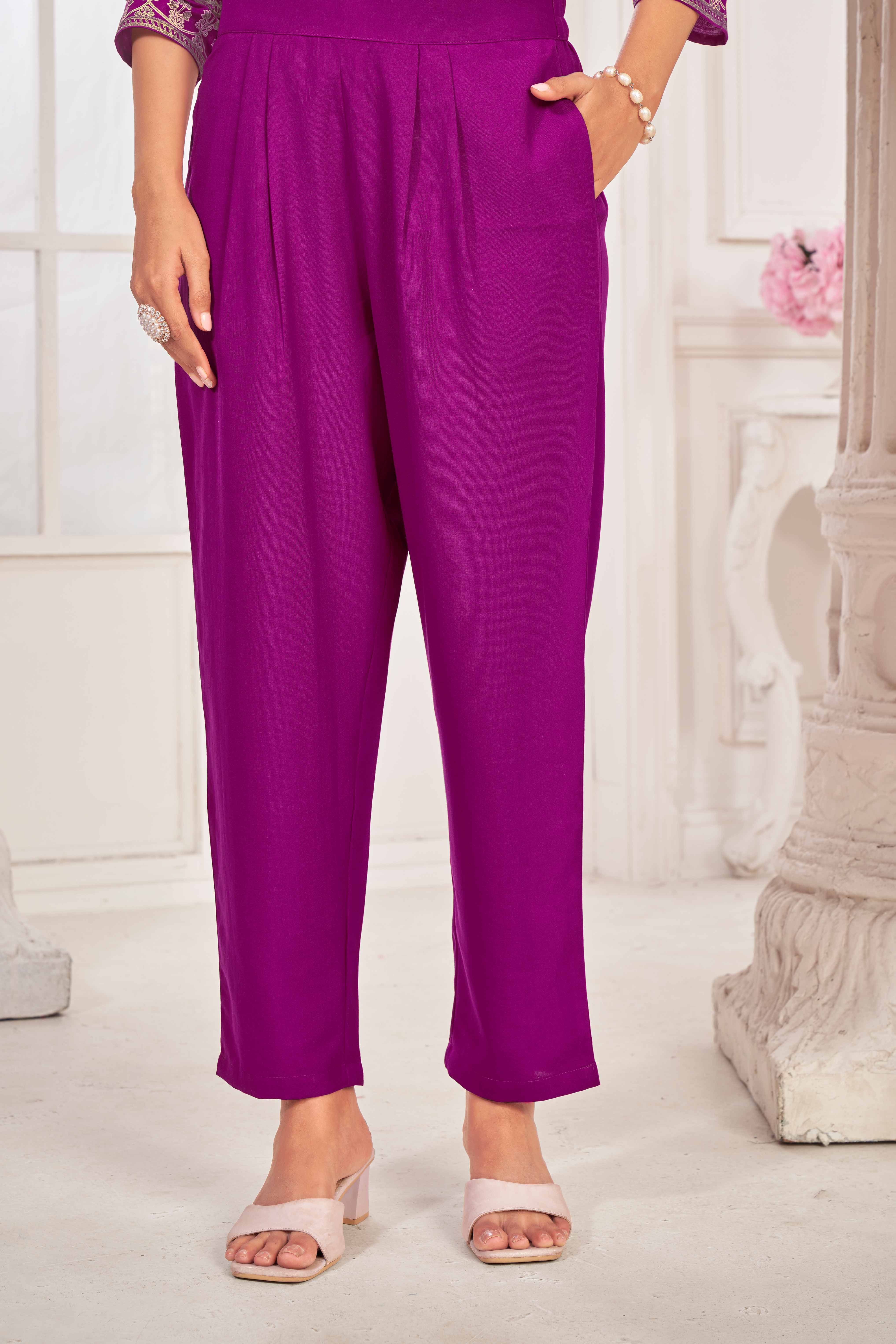 Purple Embroidered Straight Kurti with Pant and Dupatta Set - Sunheri