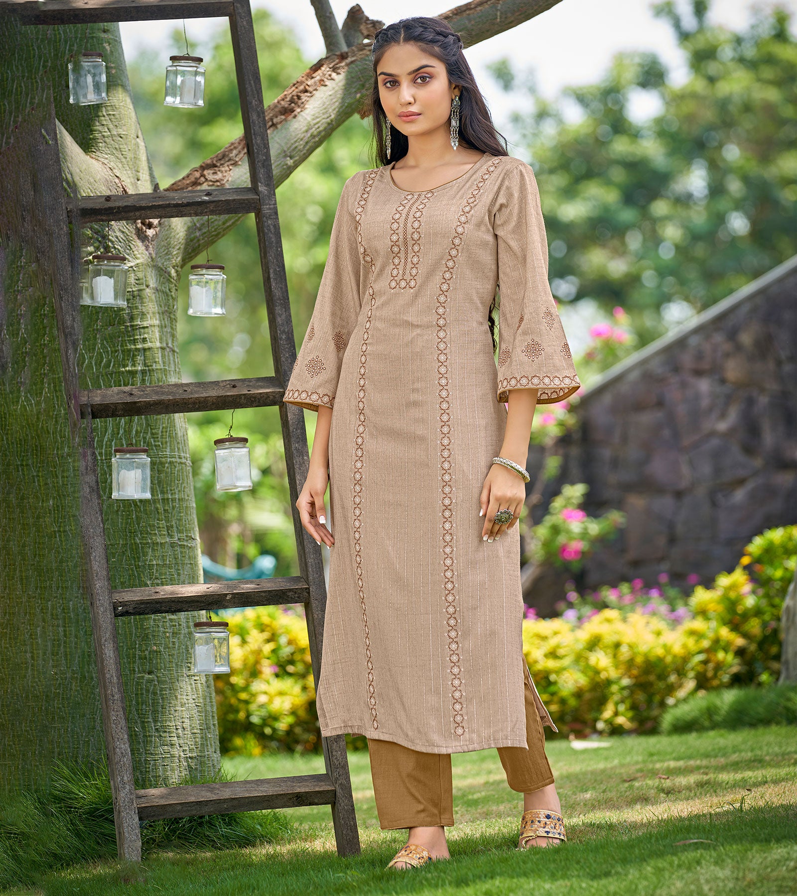 Laxmipati Spun Base Fabric Khaki Straight Cut Kurti With Pant