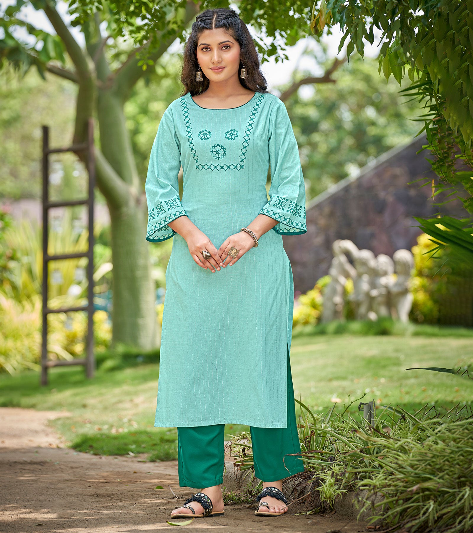 Laxmipati Spun Base Fabric Turquoise Straight Cut Kurti With Pant