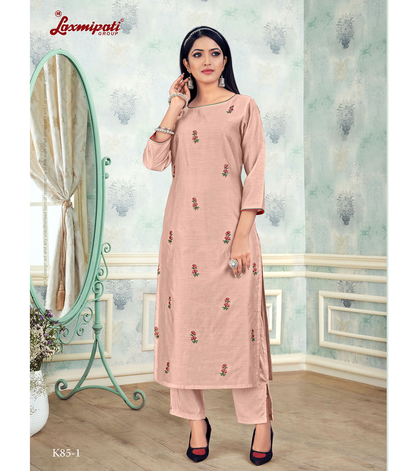Laxmipati Damini Vol.2 K85-1 Chandery Base Teopical Peach Straight Cut Kurti With Pant