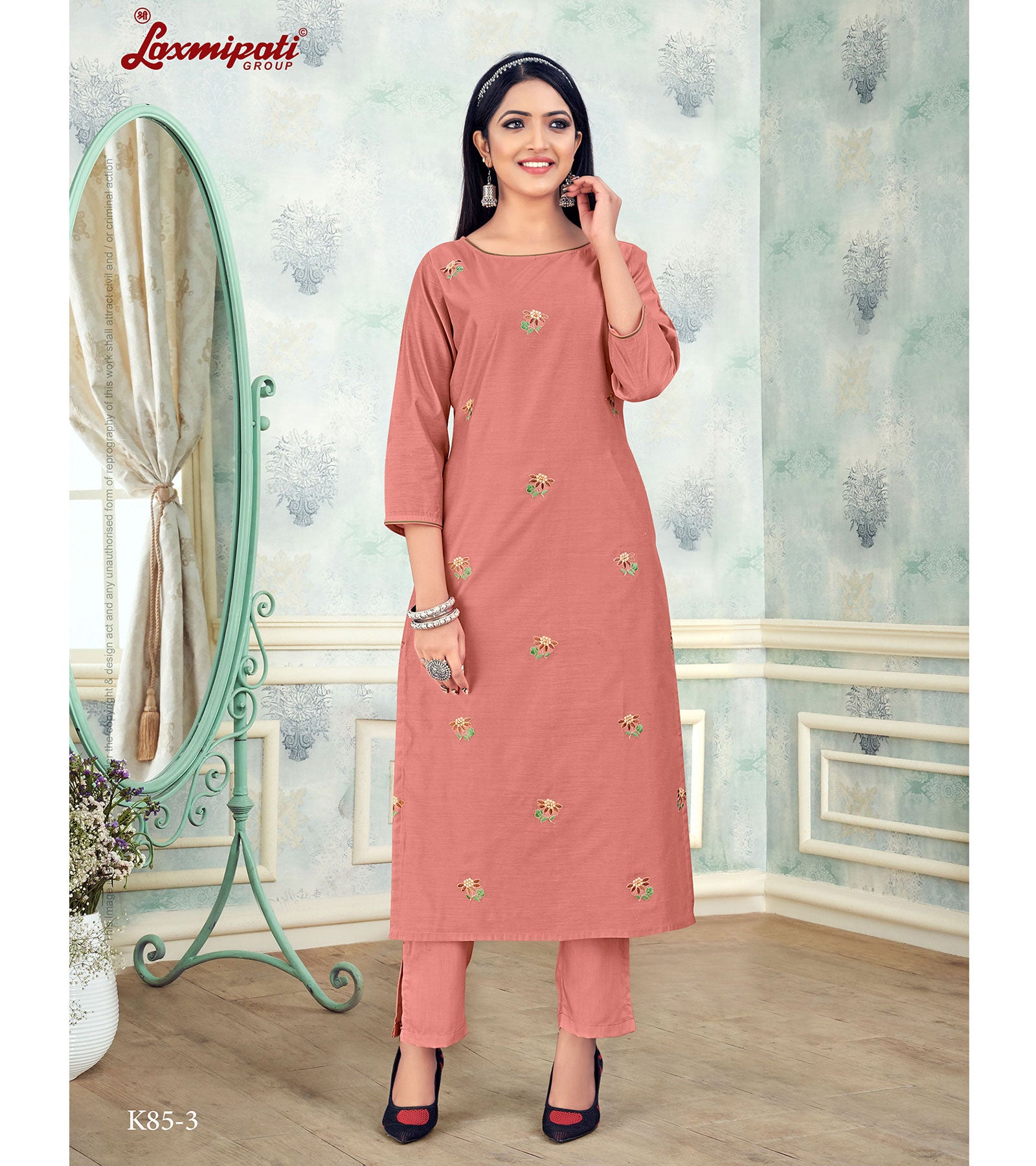 Laxmipati Damini Vol.2 K85-3 Chandery Base Pastel Pink Straight Cut Kurti With Pant