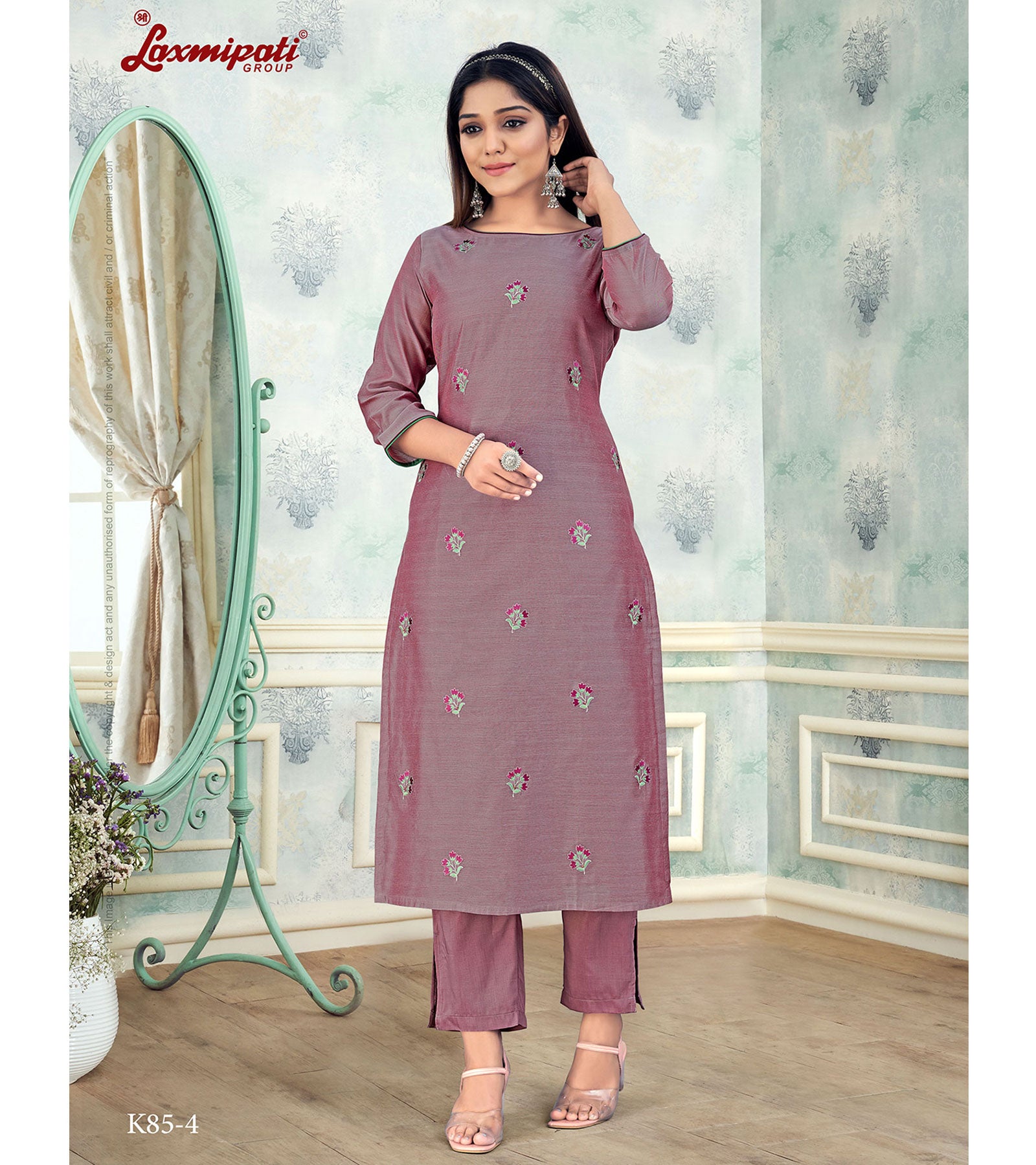 Laxmipati Damini Vol.2 K85-4 Chandery Base Soft Raspberry Straight Cut Kurti With Pant