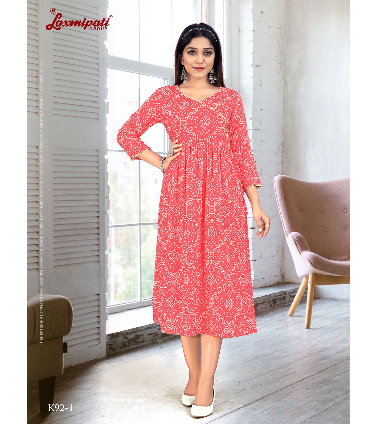 Laxmipati Muslin Base Coral Red Nayra Cut Kurti