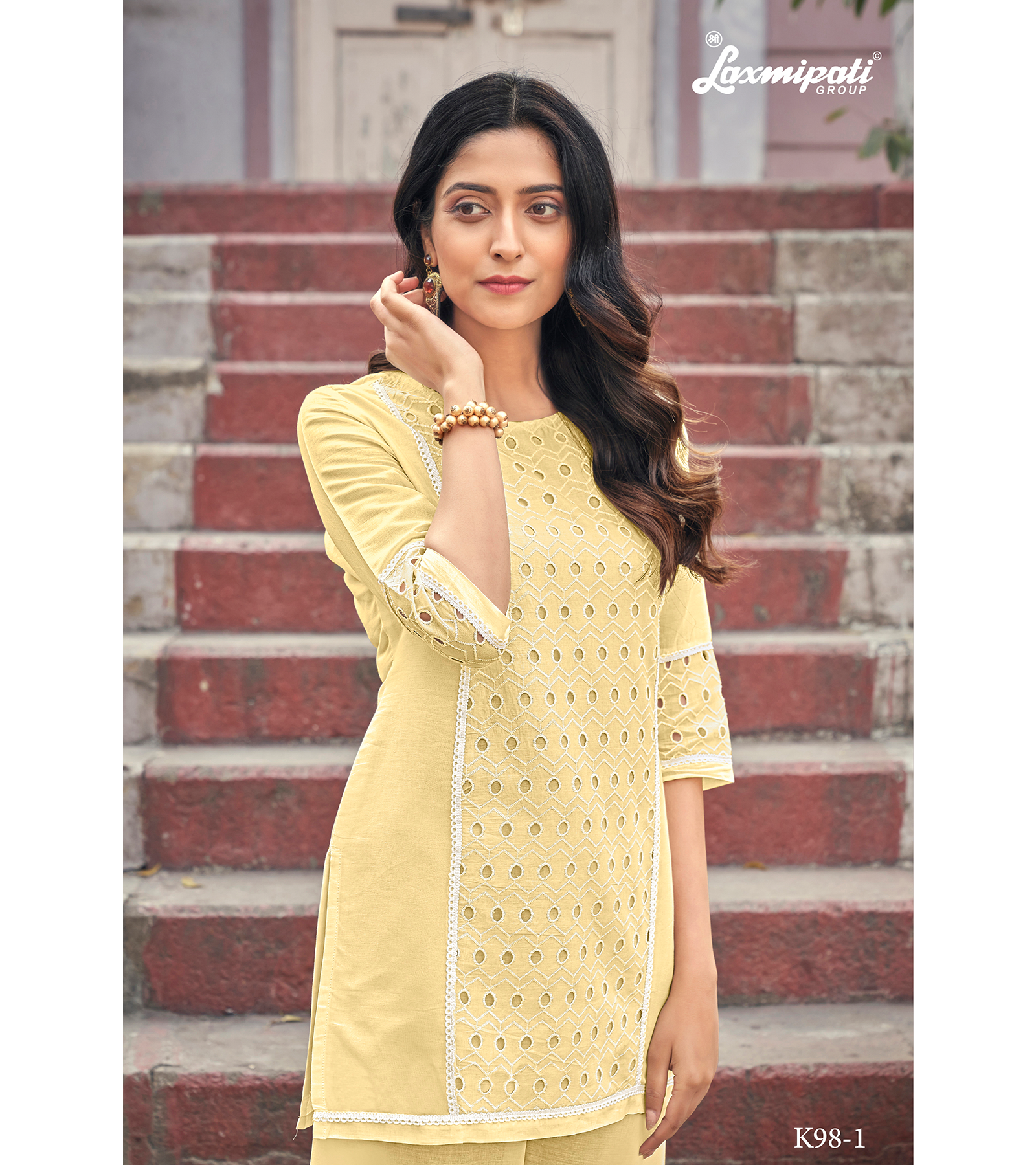 Laxmipati Mull Cream Yellow Tunic With Plazzo Kurti