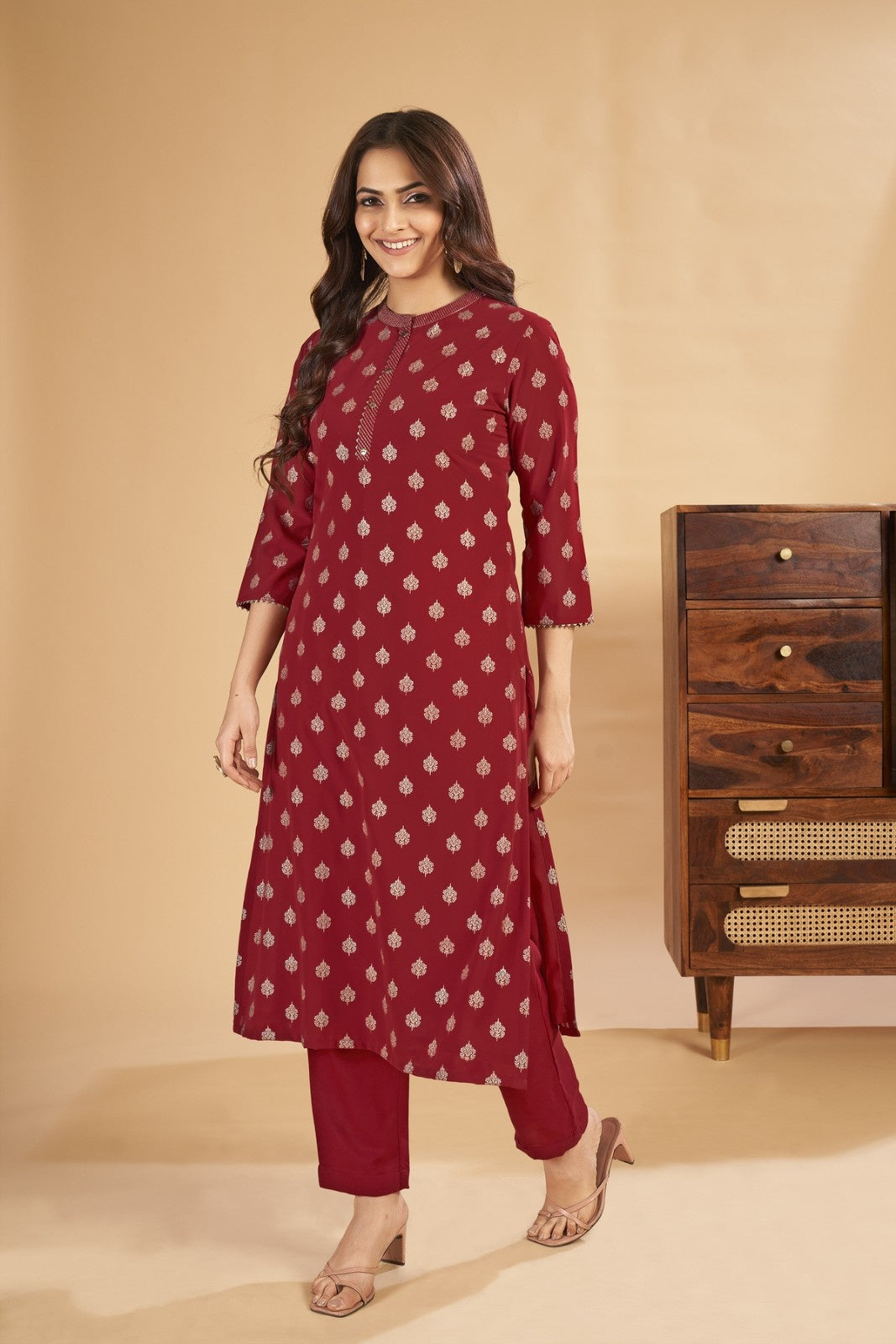 Laxmipati Sahiba - KT0004 Georgette Foil Printed Straight Woman Maroon Kurta