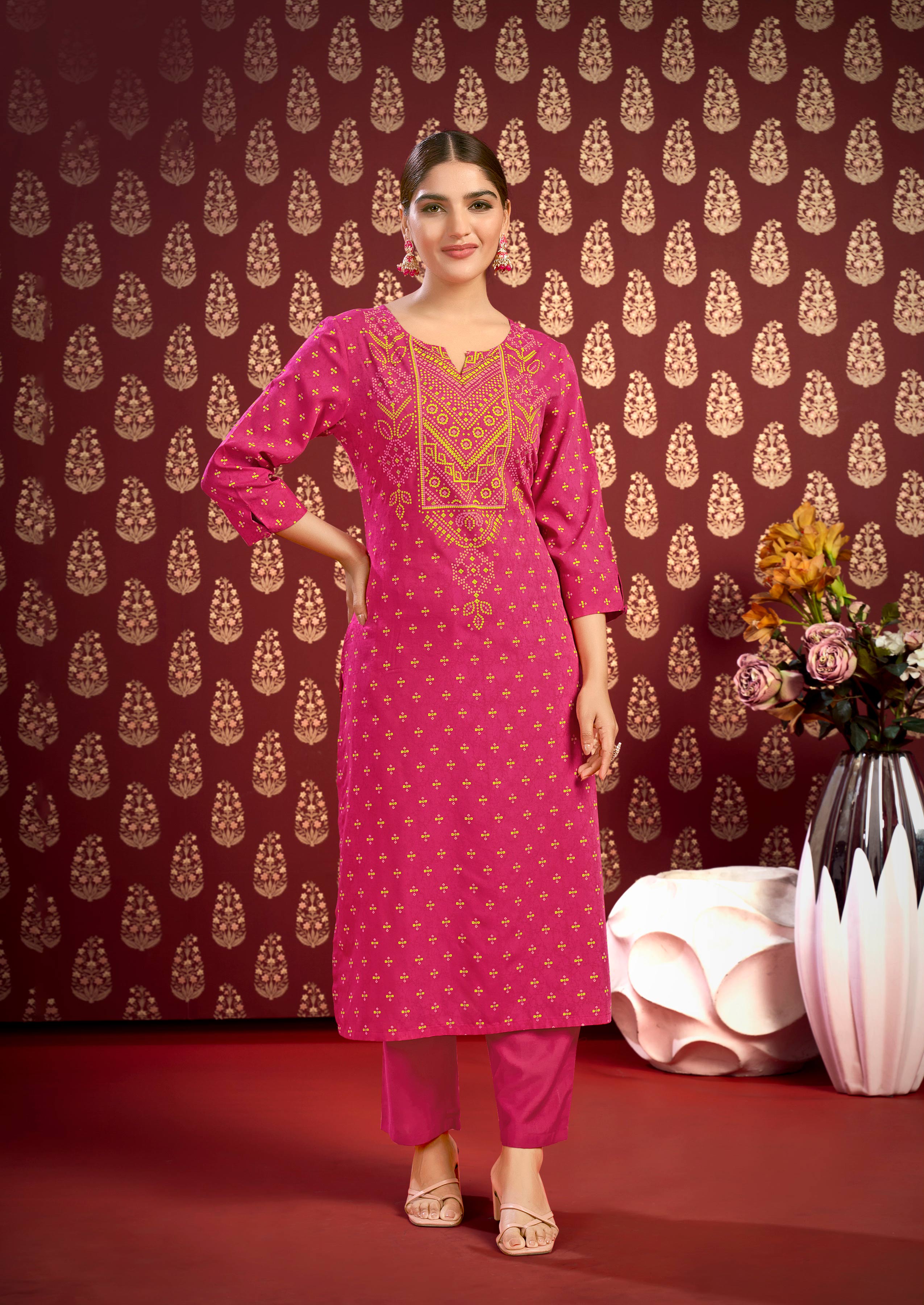 Laxmipati Savan Bandhani Printed Viscos Straight Kurti in Magenta Color