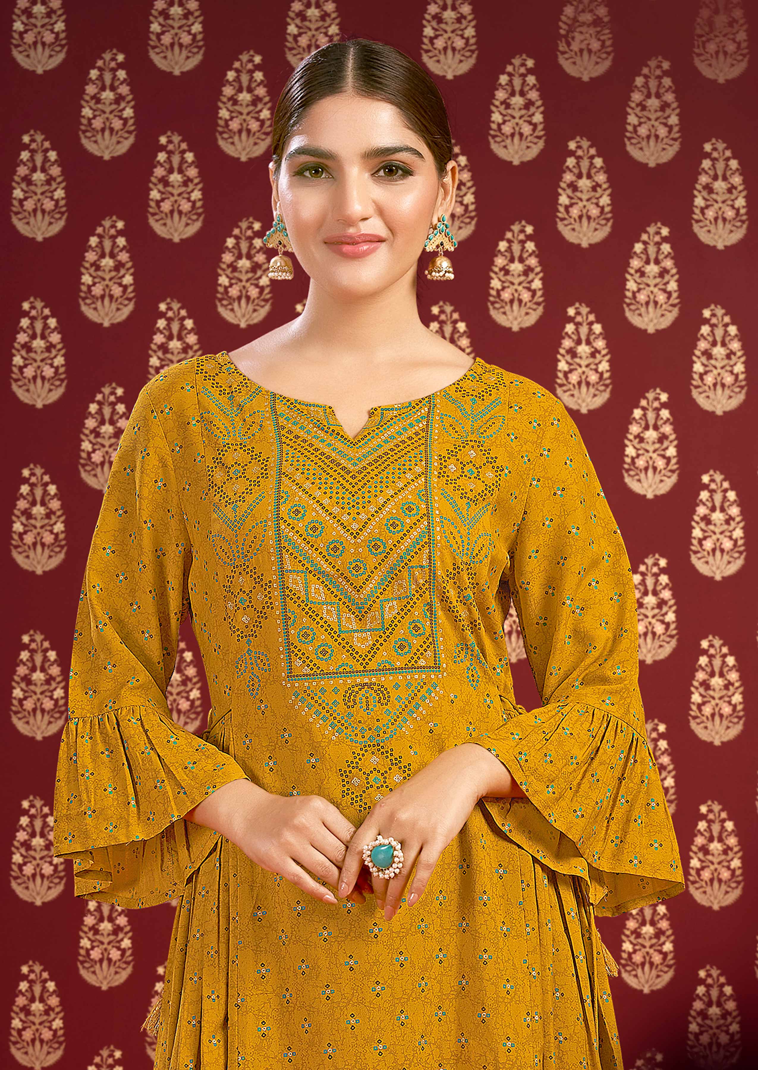 Laxmipati Savan Bandhani Printed Viscos Frock in Mustard Color