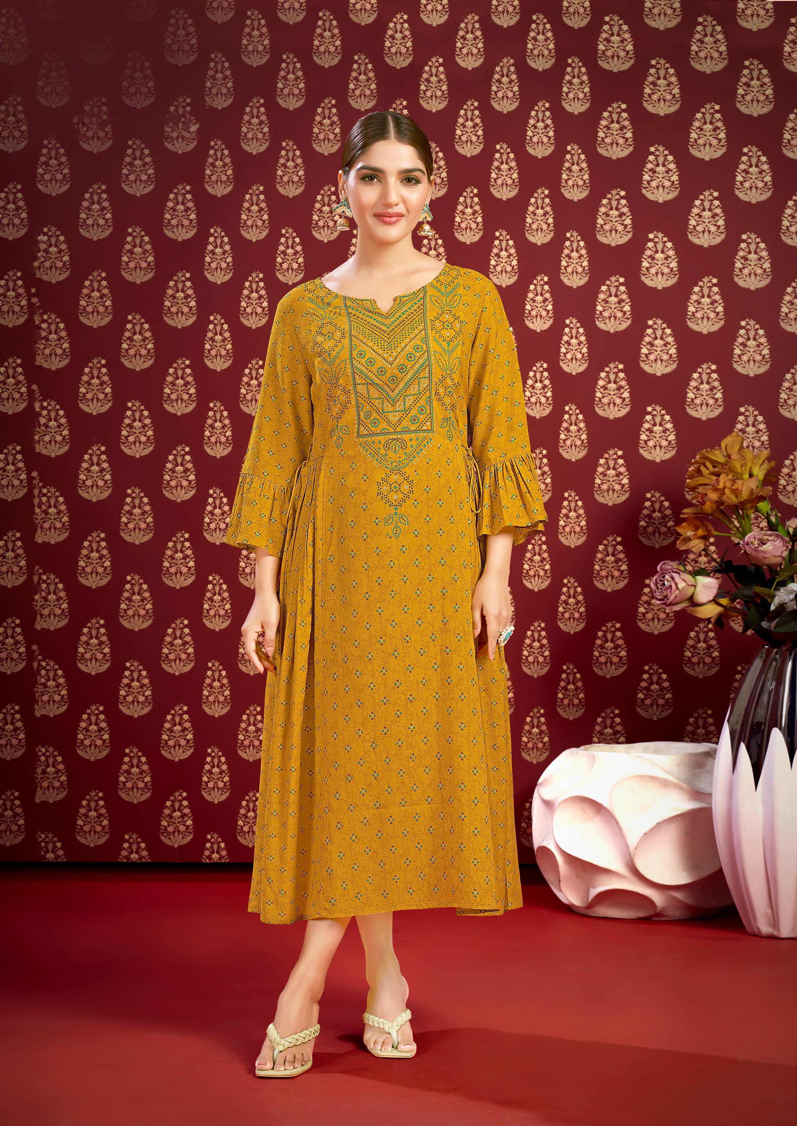 Laxmipati Savan Bandhani Printed Viscos Frock in Mustard Color