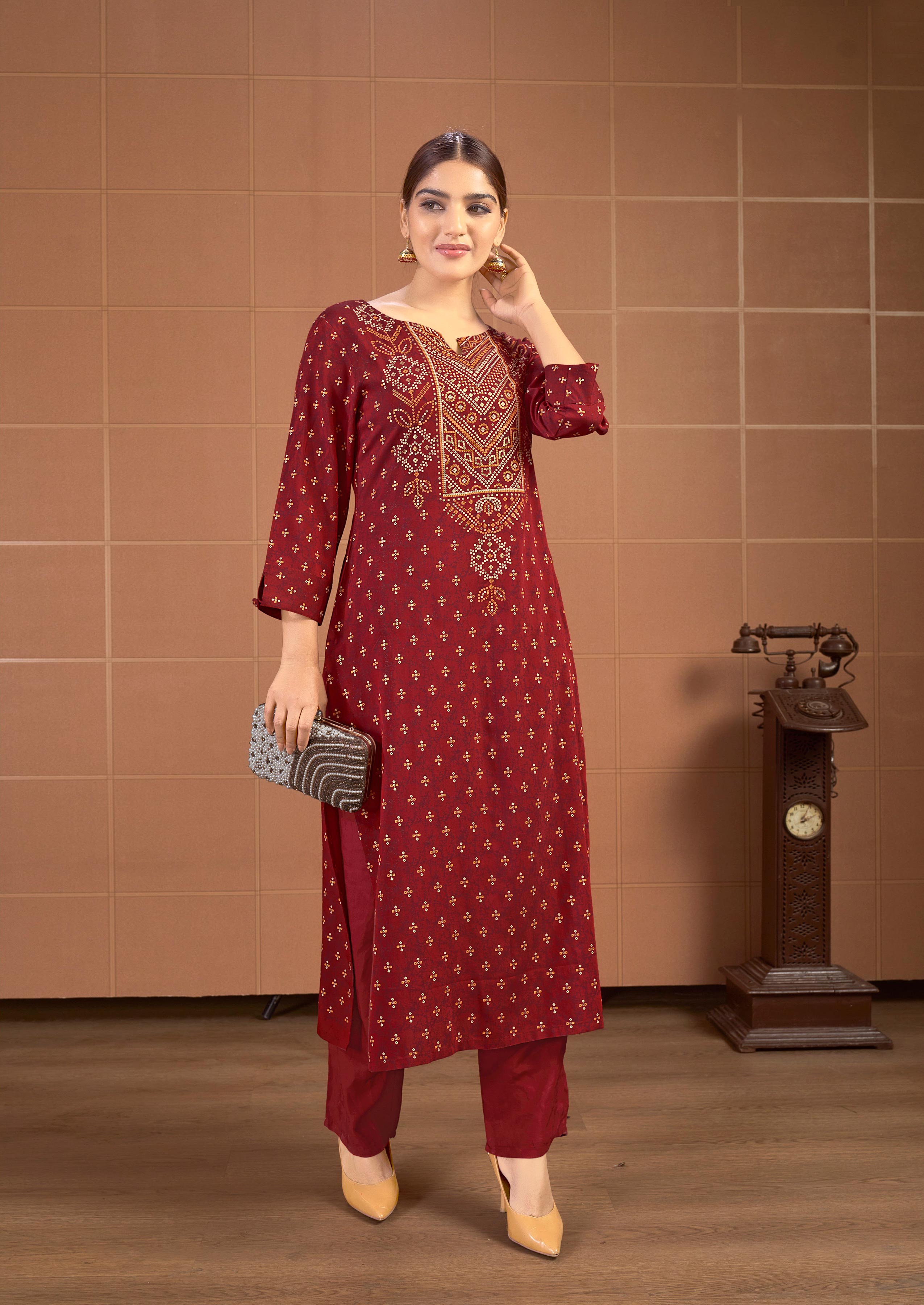 Laxmipati Savan Bandhani Printed Viscos .Straight Kurti in Maroon Color