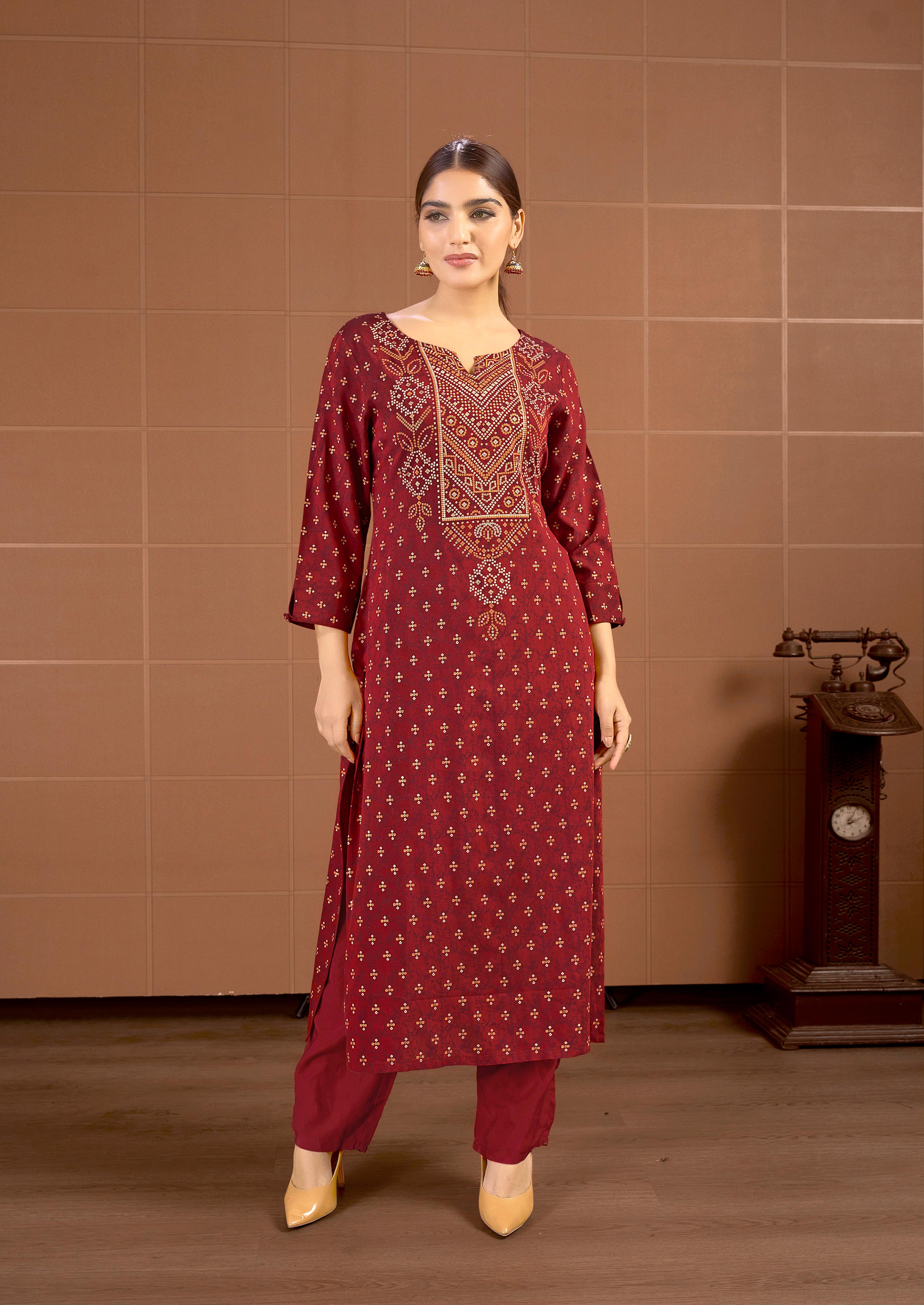 Laxmipati Savan Bandhani Printed Viscos .Straight Kurti in Maroon Color
