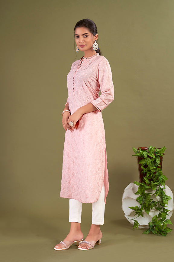 Pink Polycotton Embroidered Straight Woman Addah