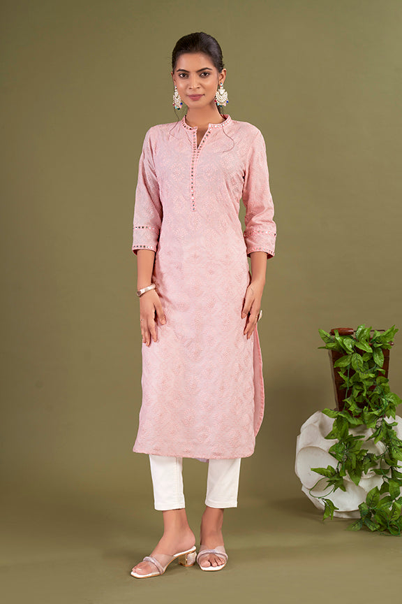 Pink Polycotton Embroidered Straight Woman Addah