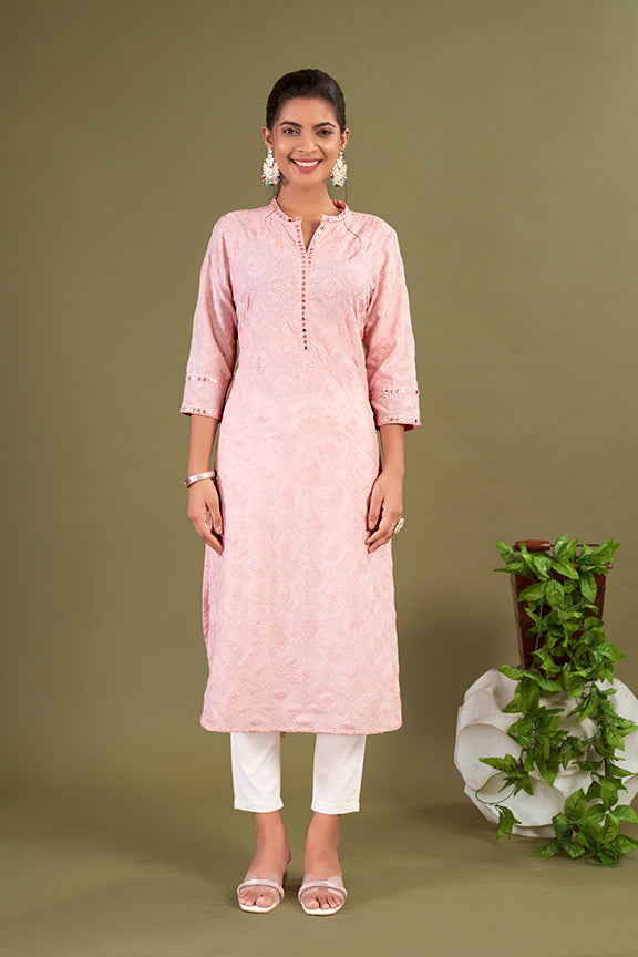 Pink Polycotton Embroidered Straight Woman Addah