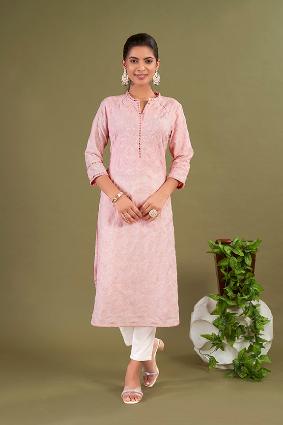 Pink Polycotton Embroidered Straight Woman Addah