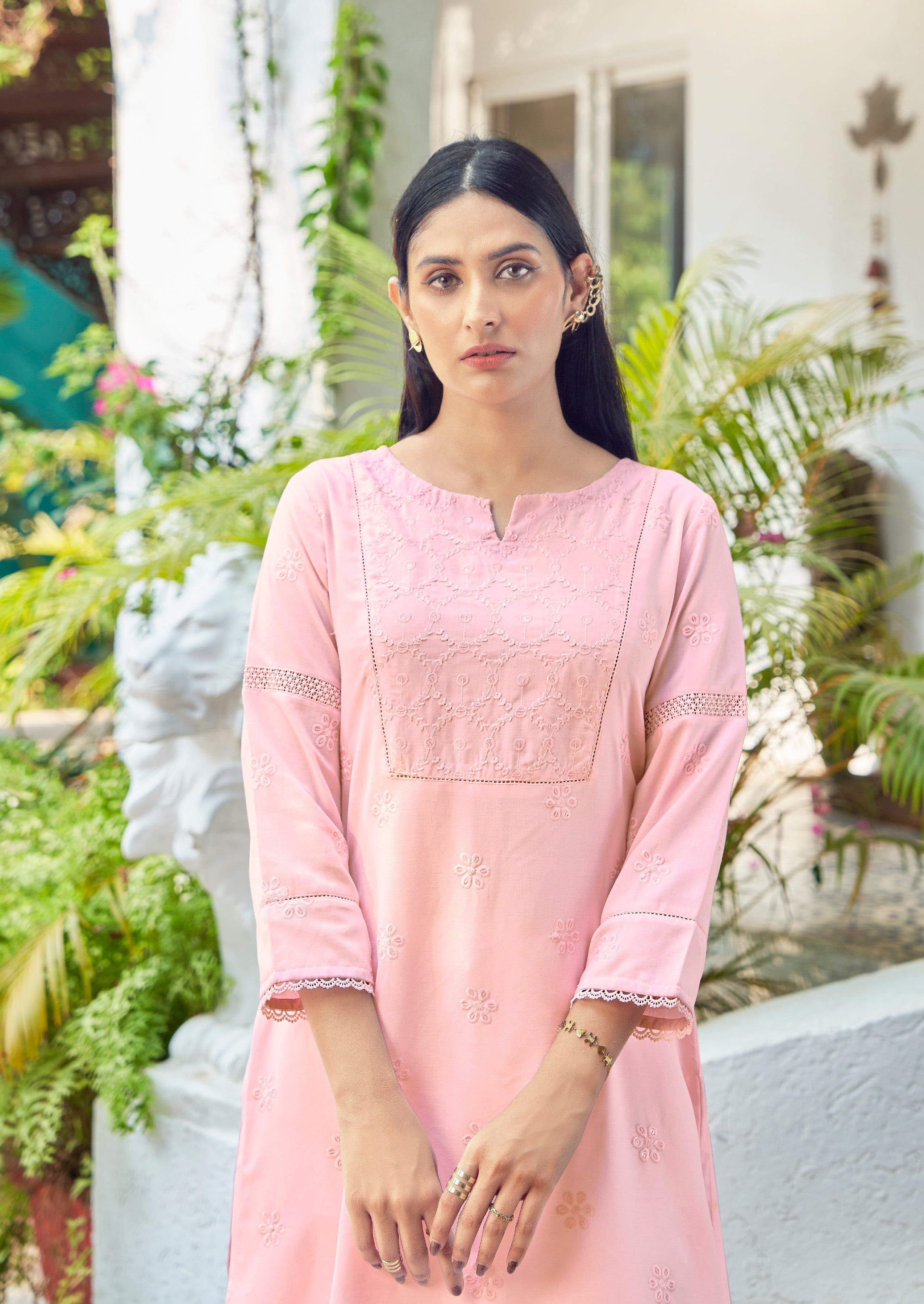 Laxmipati Janki Schiffli Embroidered Spun Cotton Straight Kurti in Pastel Pink Color