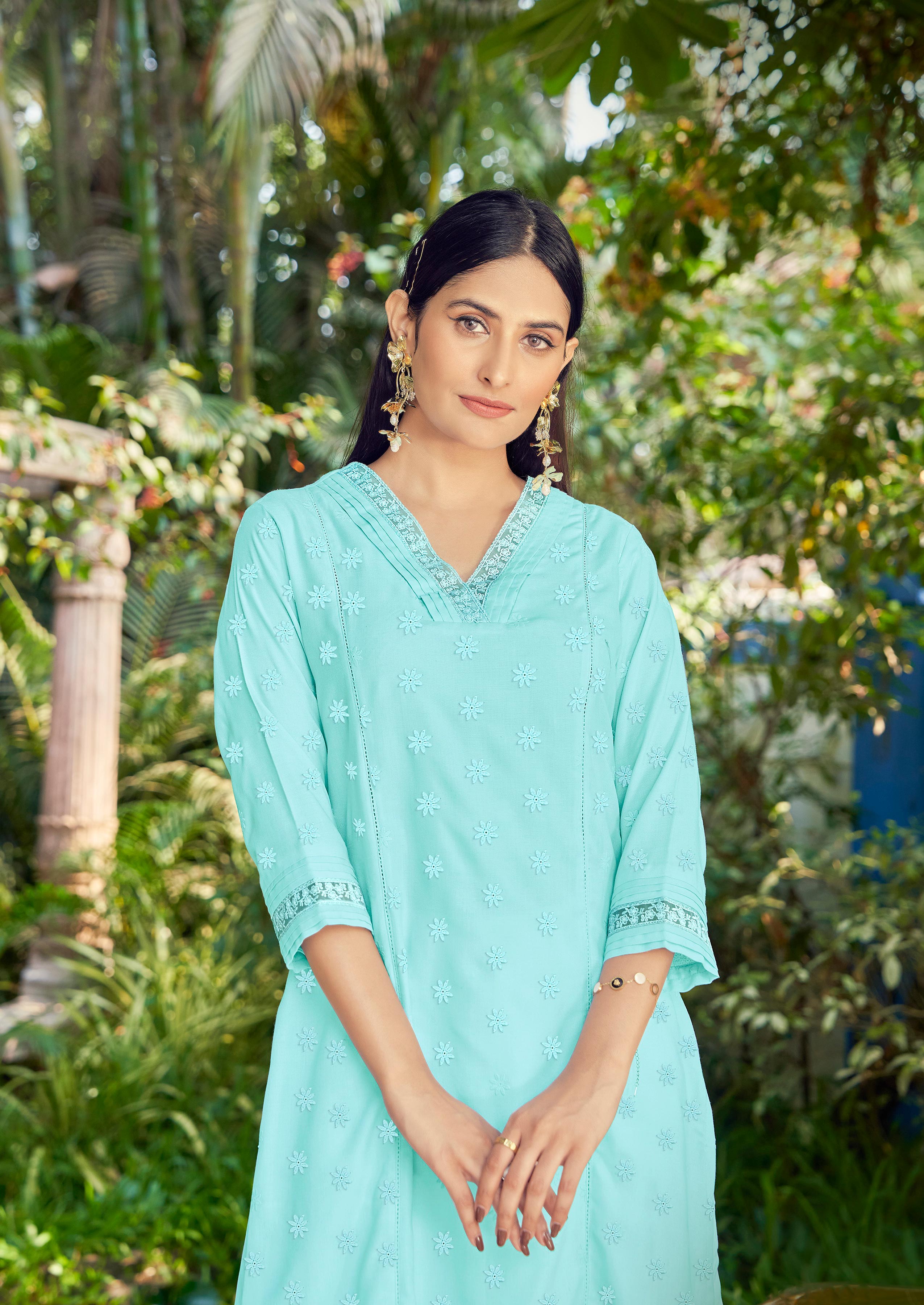 Laxmipati Janki Schiffli Embroidered Spun Cotton Straight Kurti in Pastel Turquoise Blue Color