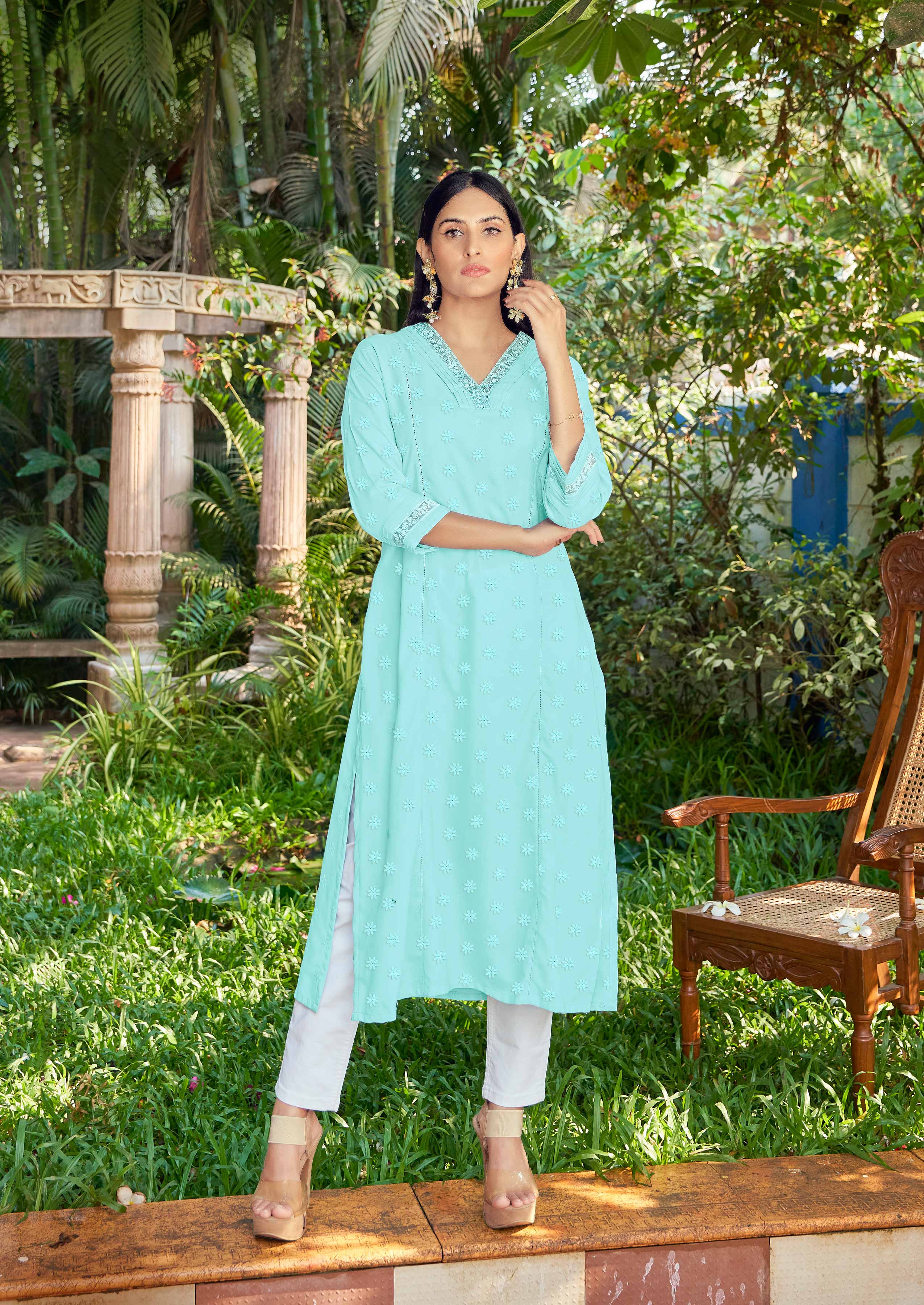Laxmipati Janki Schiffli Embroidered Spun Cotton Straight Kurti in Pastel Turquoise Blue Color