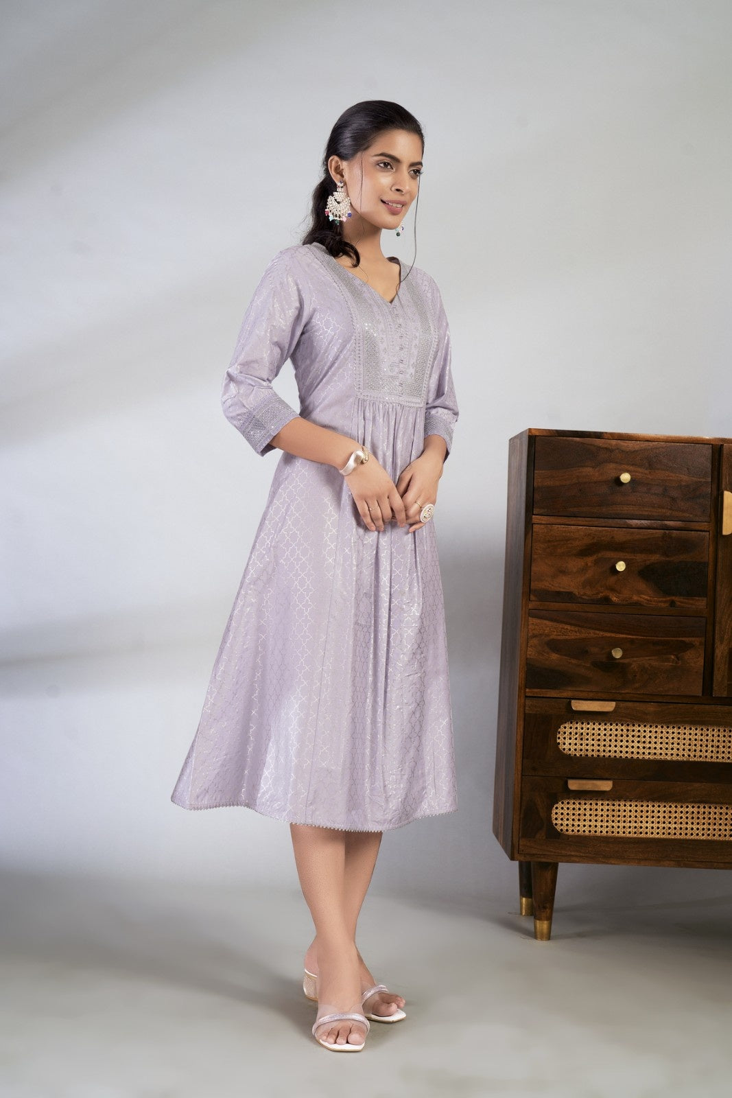 Laxmipati Reshami - KT0055 Lavender A-line Foil Print With Embroidered Viscose Woman Kurta