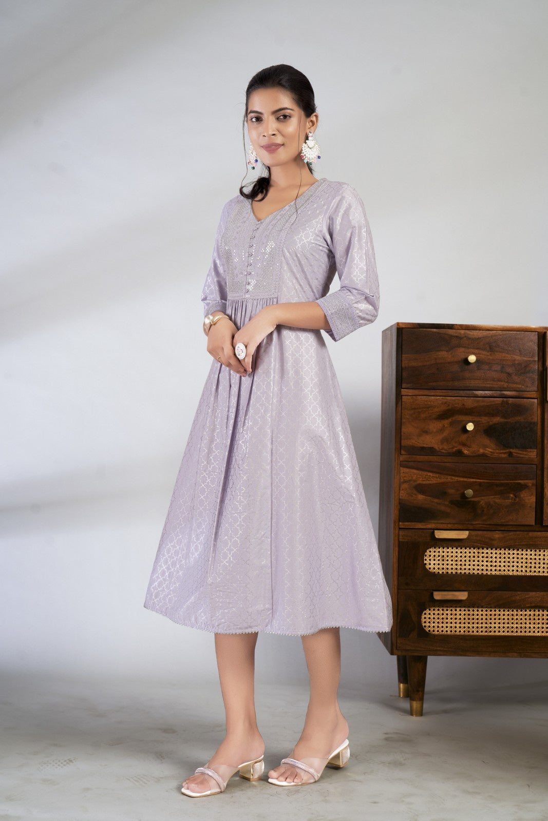 Laxmipati Reshami - KT0055 Lavender A-line Foil Print With Embroidered Viscose Woman Kurta