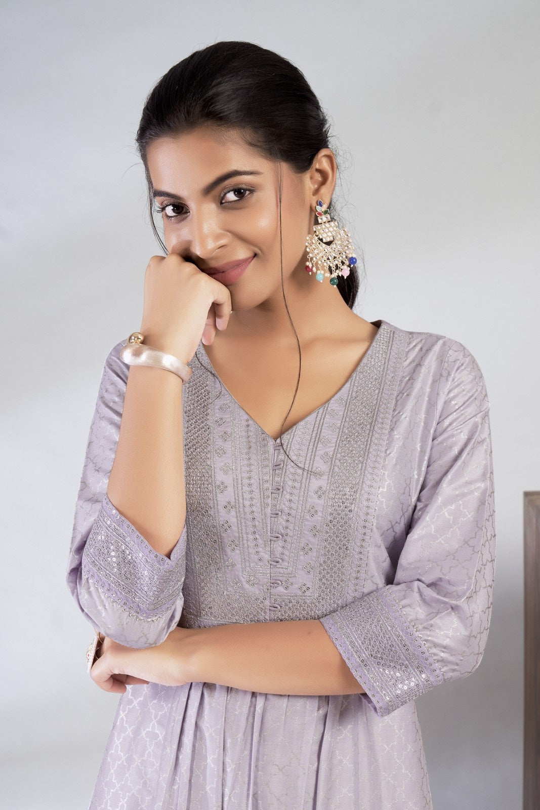 Laxmipati Reshami - KT0055 Lavender A-line Foil Print With Embroidered Viscose Woman Kurta