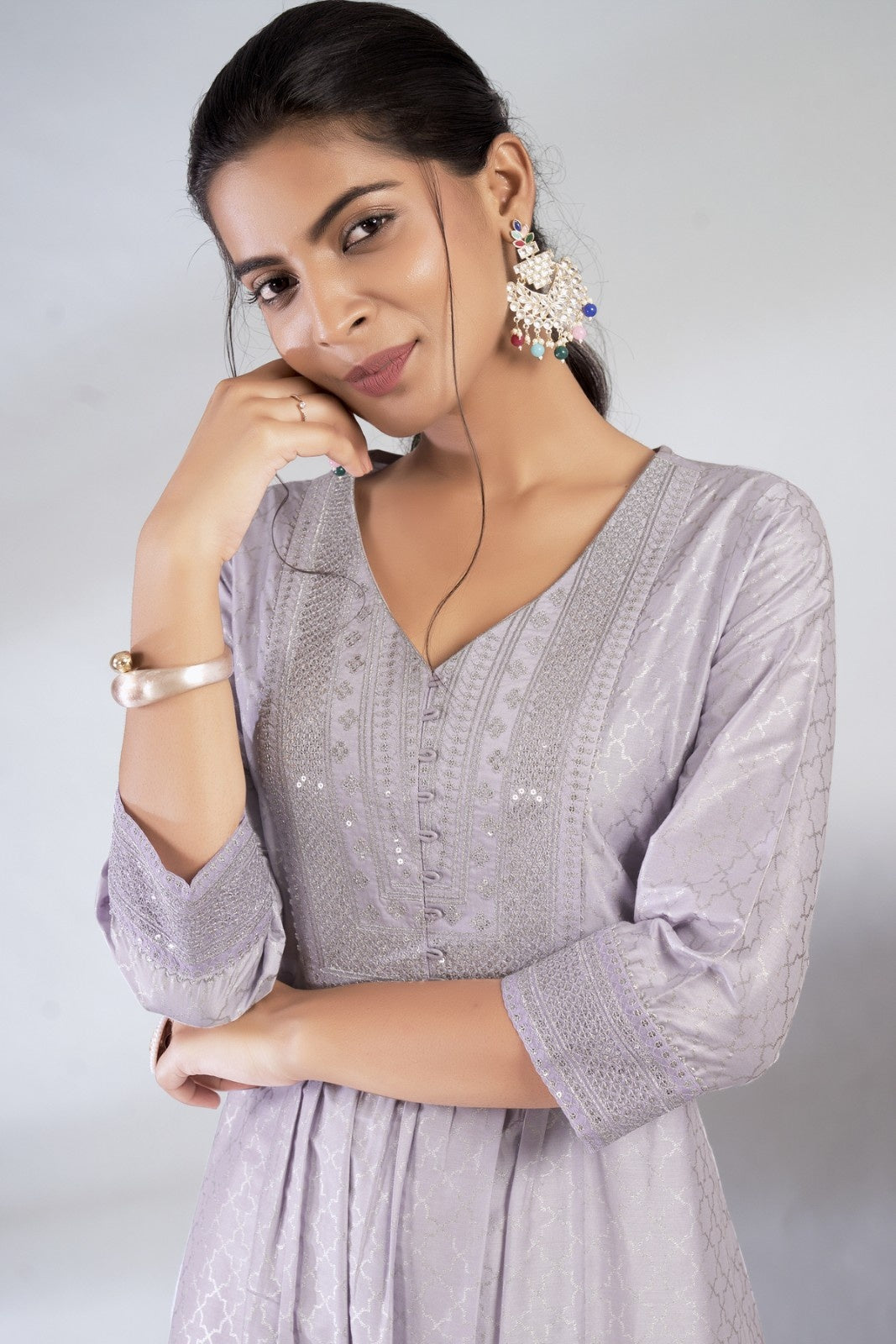 Laxmipati Reshami - KT0055 Lavender A-line Foil Print With Embroidered Viscose Woman Kurta