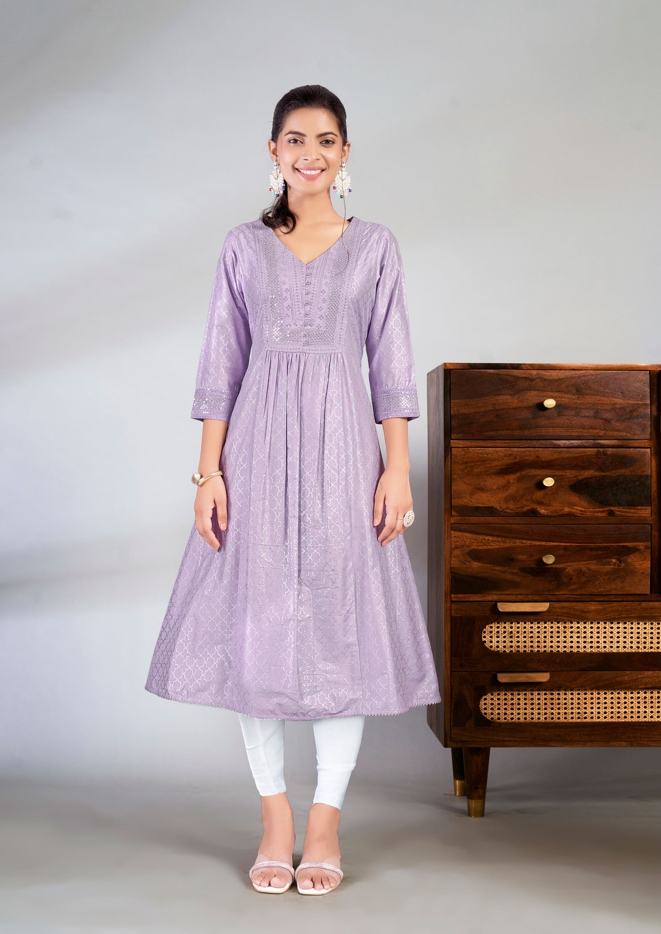 Laxmipati Jasmine Geometric Foil Print Viscose A Line Kurti with Embroidered Neckline in Purple Color