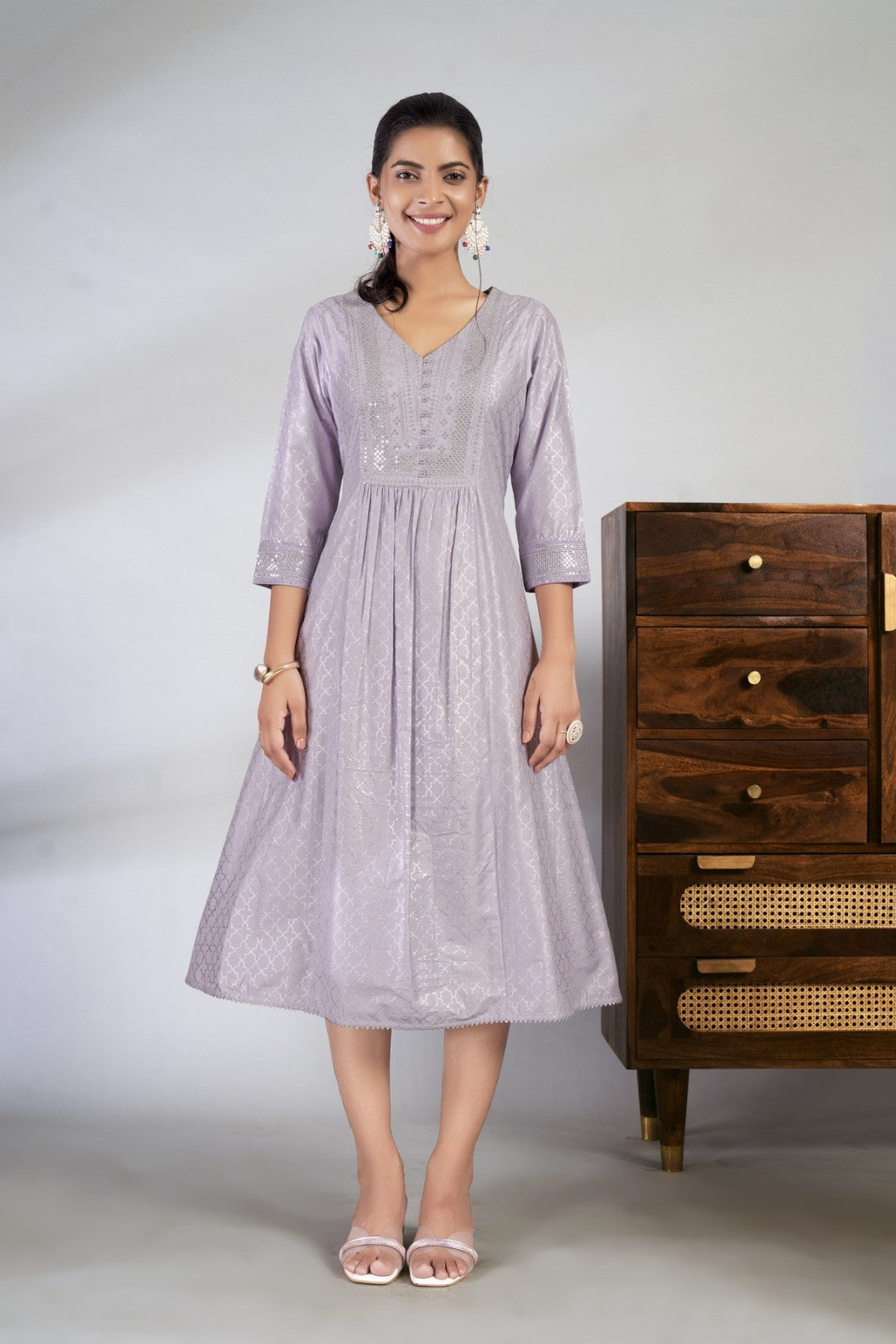 Laxmipati Reshami - KT0055 Lavender A-line Foil Print With Embroidered Viscose Woman Kurta