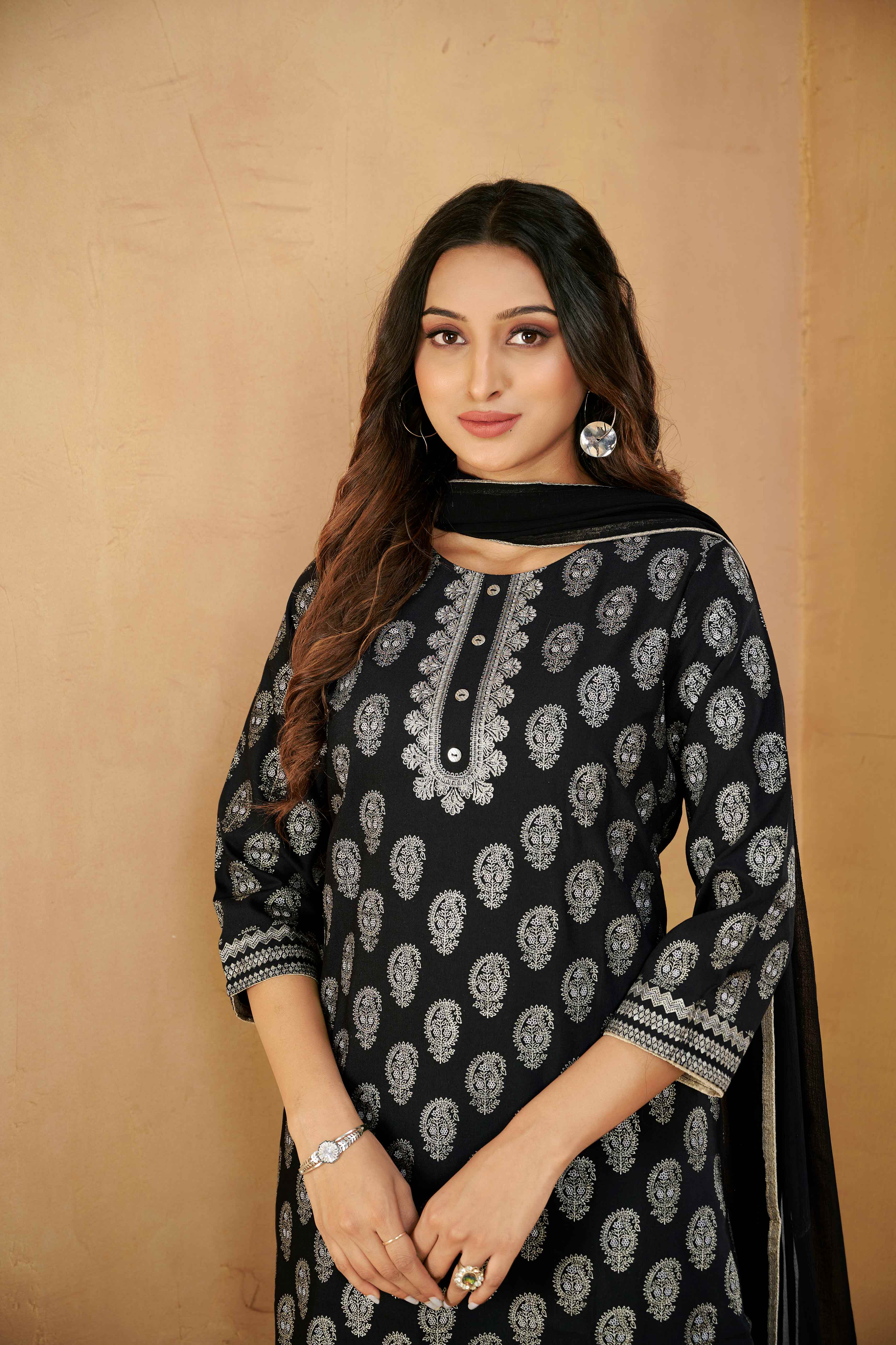 Laxmipati Gulabo Foil-Printed Straight Kurta Set with Trousers & Dupatta in Black Color