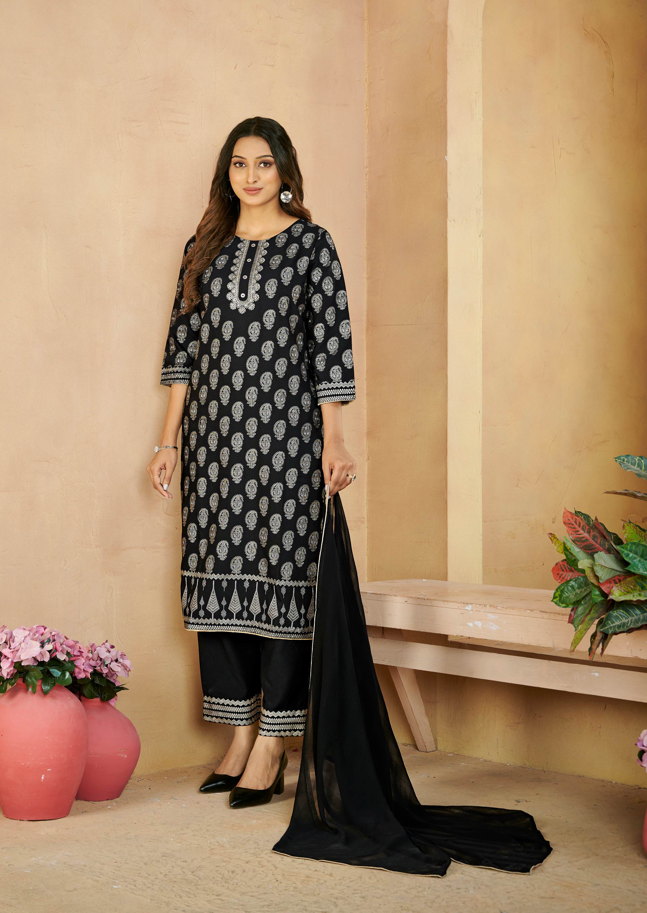 Laxmipati Gulabo Foil-Printed Straight Kurta Set with Trousers & Dupatta in Black Color