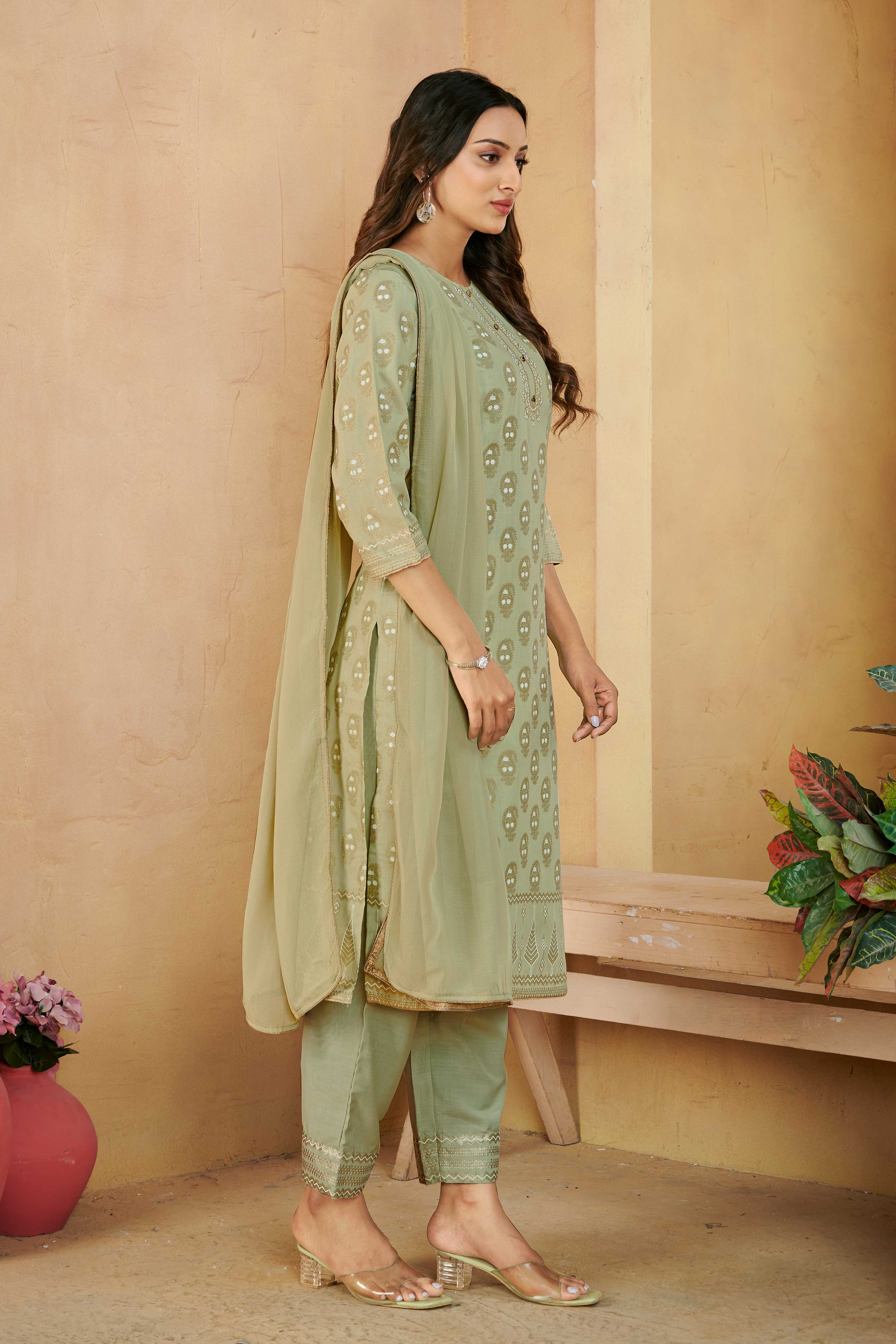 Laxmipati Gulabo Foil-Printed Straight Kurta Set with Trousers & Dupatta in Green Color