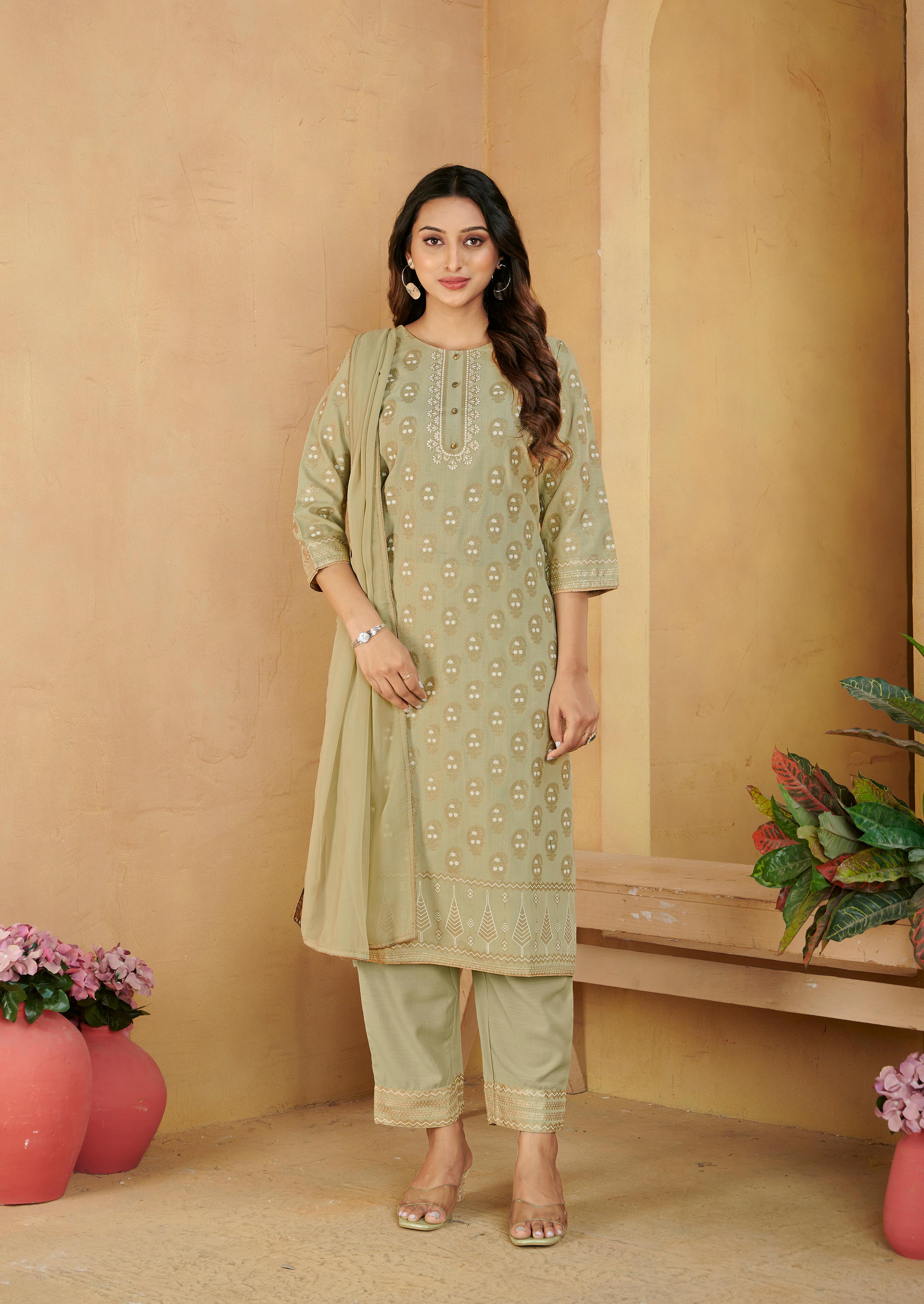 Laxmipati Gulabo Foil-Printed Straight Kurta Set with Trousers & Dupatta in Green Color