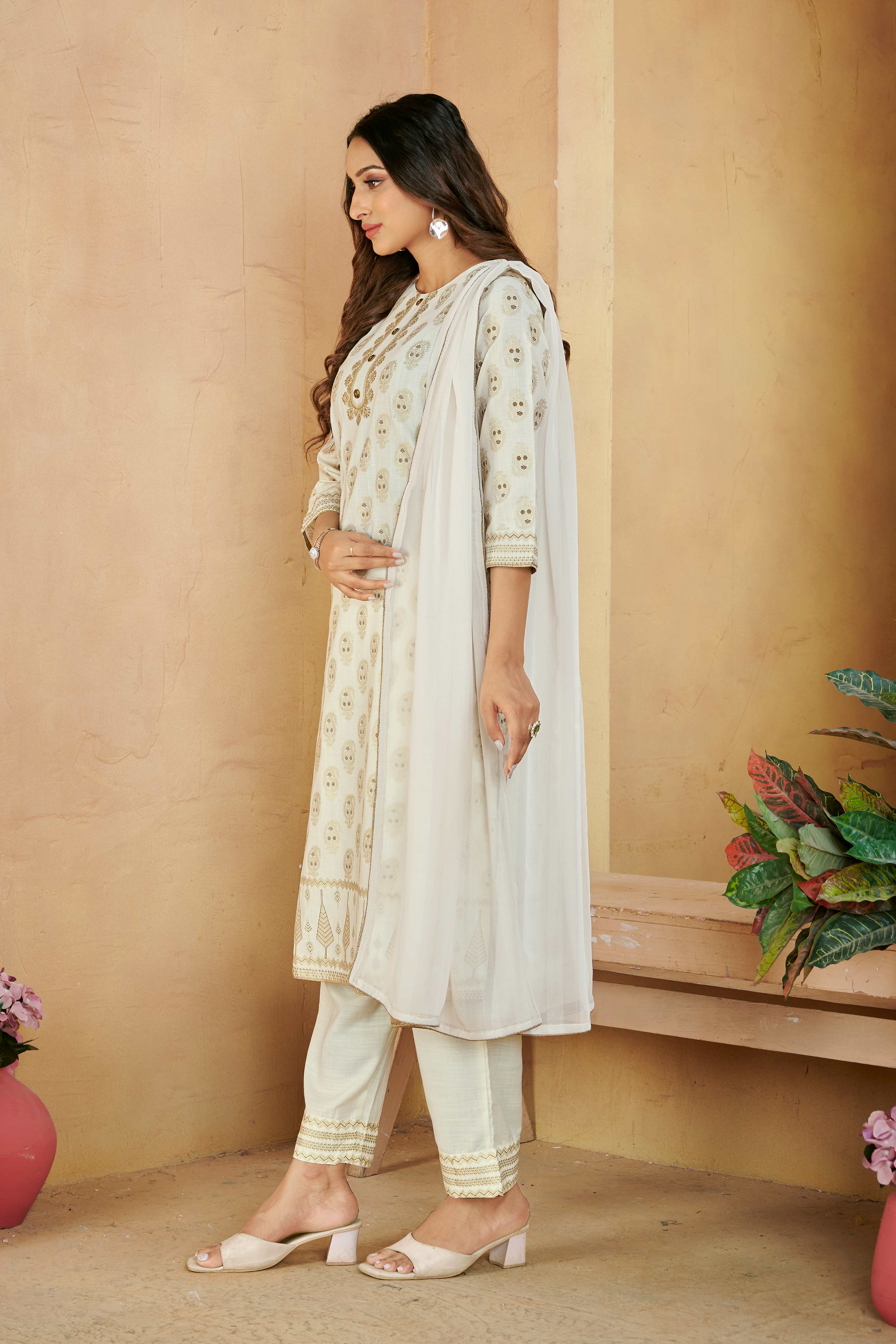 Laxmipati Gulabo Foil-Printed Straight Kurta Set with Trousers & Dupatta in Off-White Color