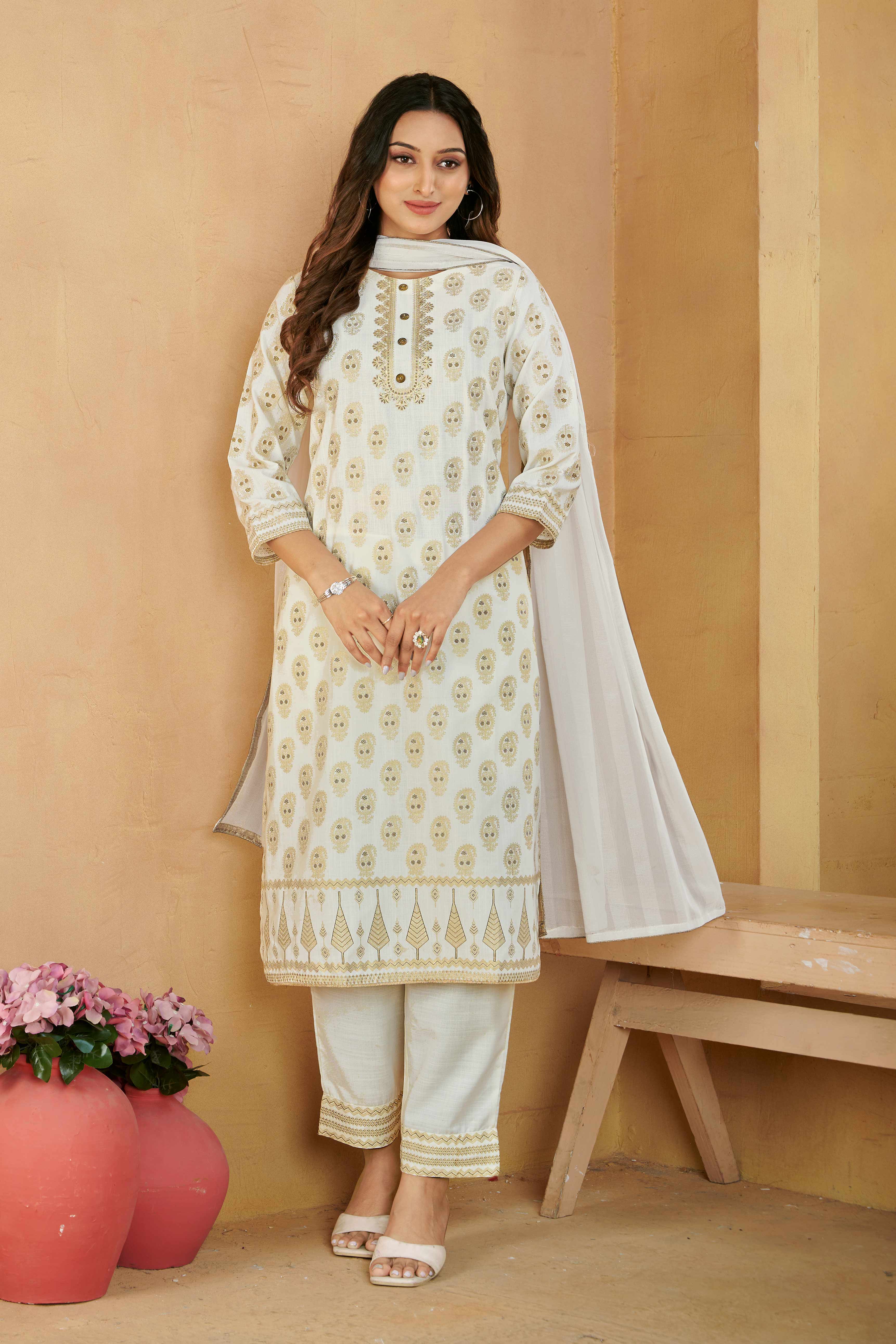 Laxmipati Gulabo Foil-Printed Straight Kurta Set with Trousers & Dupatta in Off-White Color