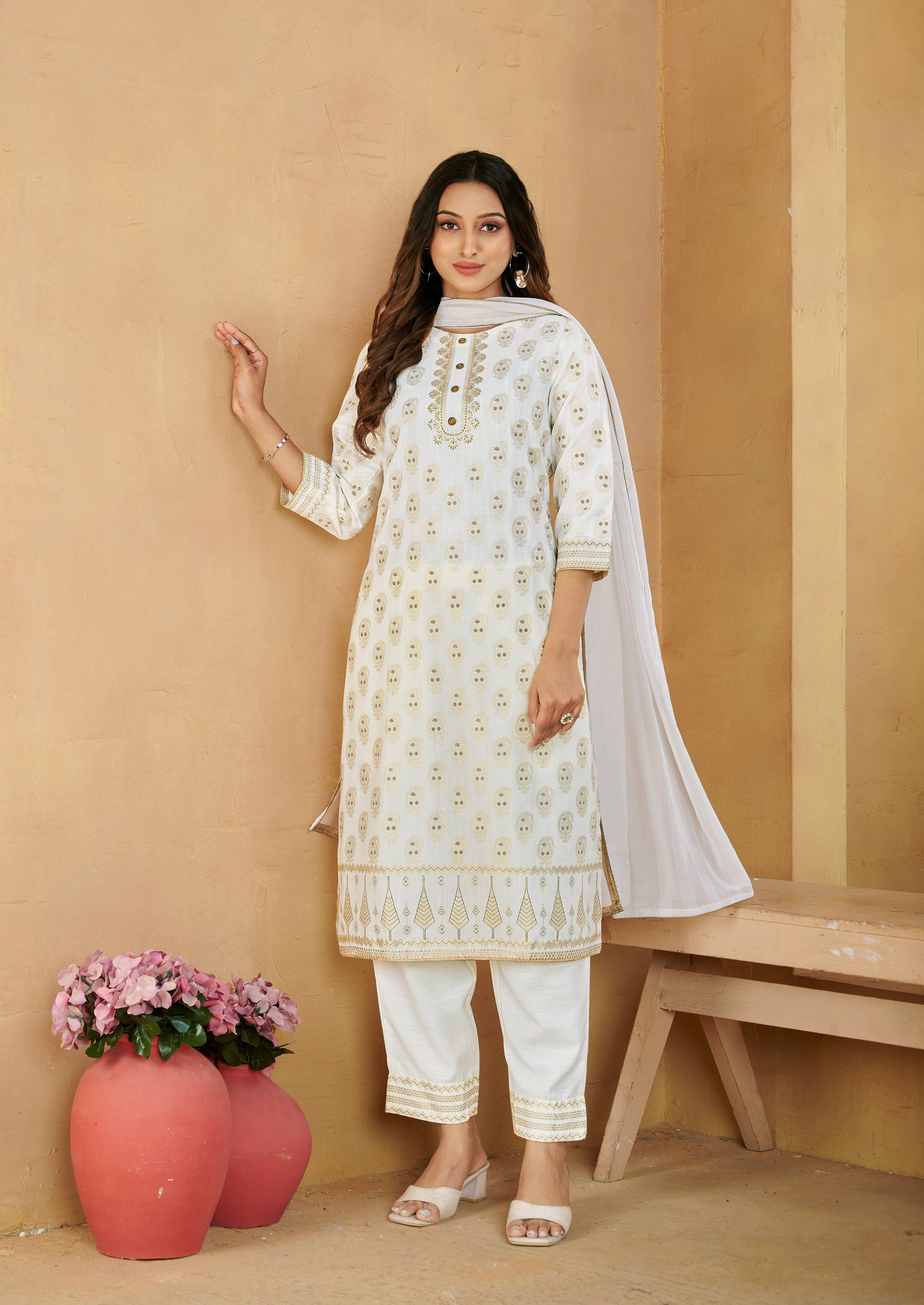 Laxmipati Gulabo Foil-Printed Straight Kurta Set with Trousers & Dupatta in Off-White Color