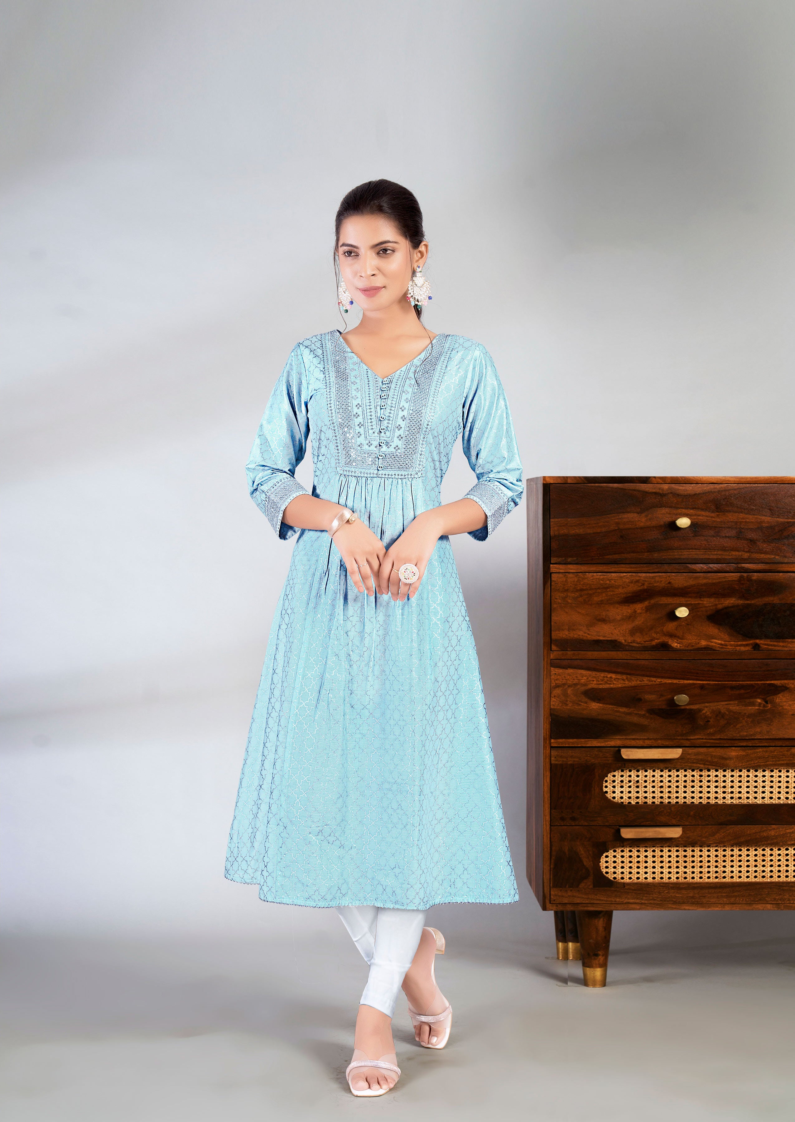 Laxmipati Jasmine Geometric Foil Print Viscose A Line Kurti with Embroidered Neckline in Blue Color