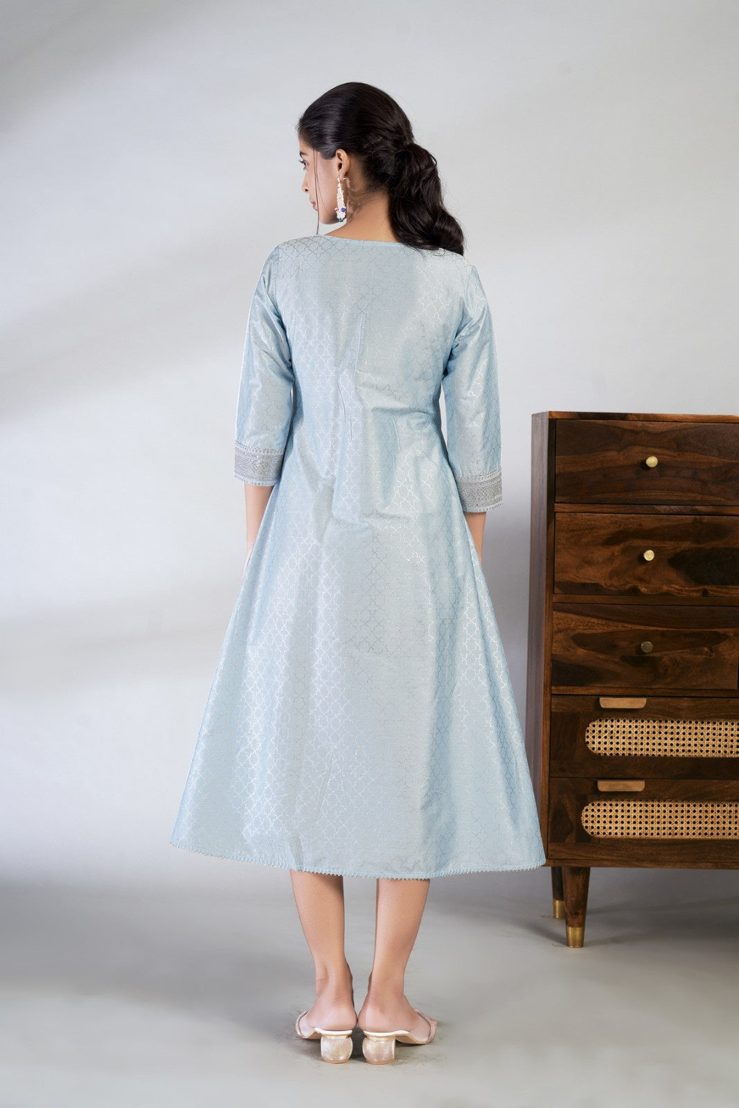 Laxmipati Reshami - KT0068 Sky Blue A-line Foil Print With Embroidered Viscose Woman Kurta