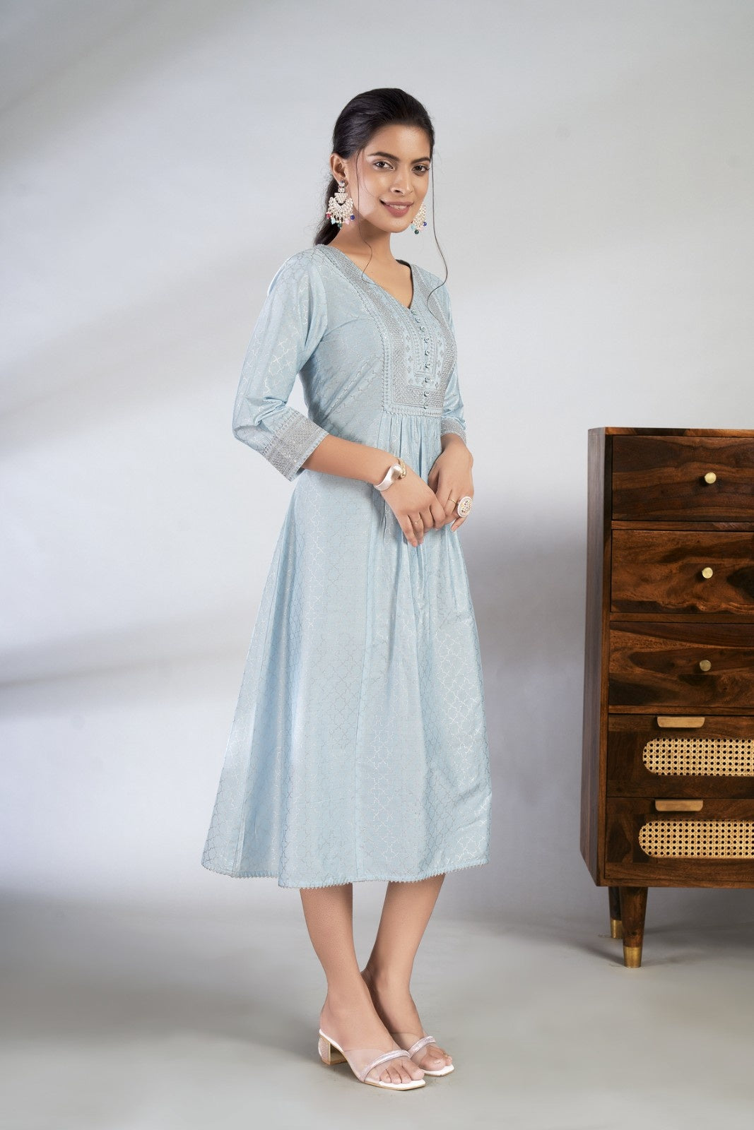 Laxmipati Reshami - KT0068 Sky Blue A-line Foil Print With Embroidered Viscose Woman Kurta