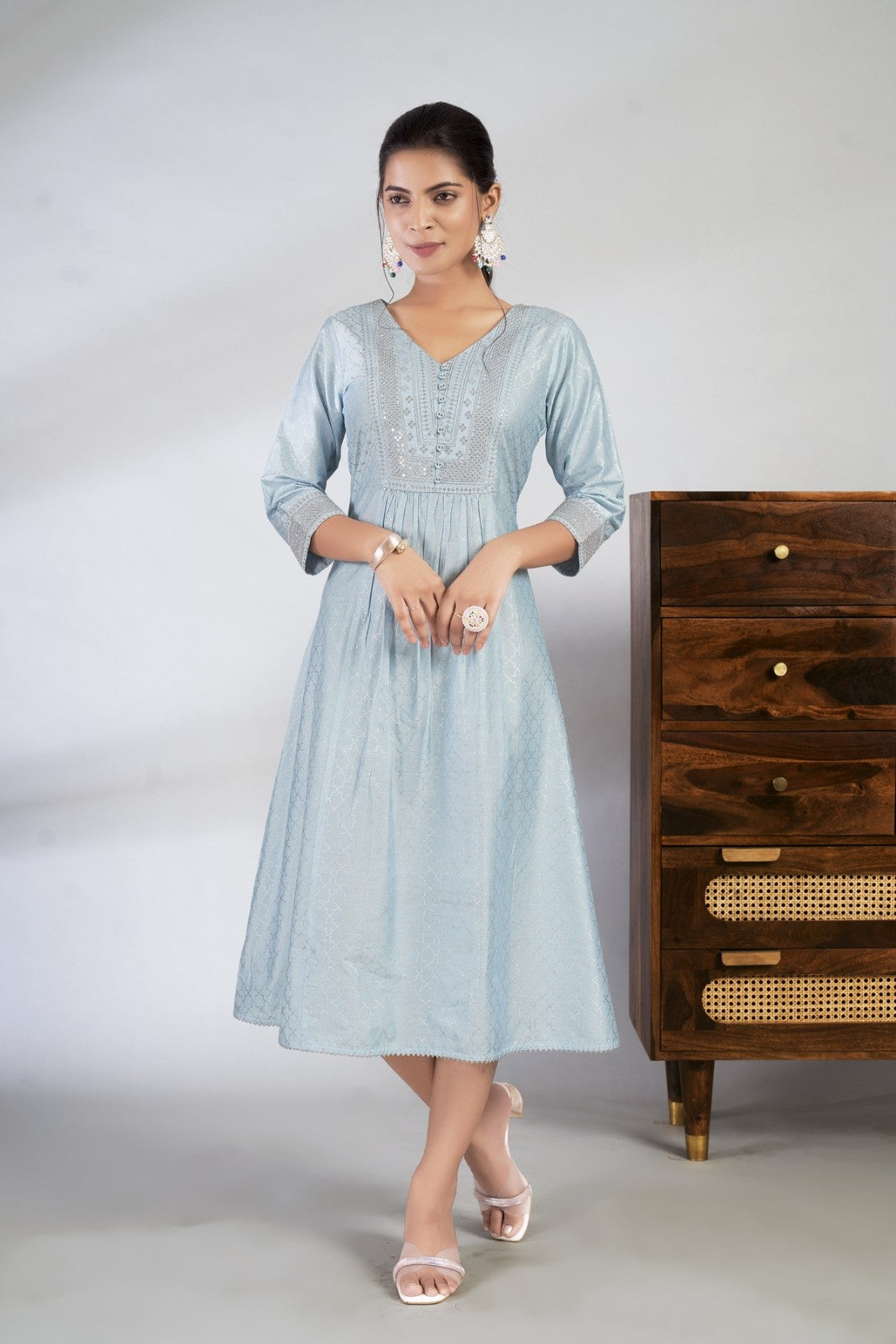 Laxmipati Reshami - KT0068 Sky Blue A-line Foil Print With Embroidered Viscose Woman Kurta