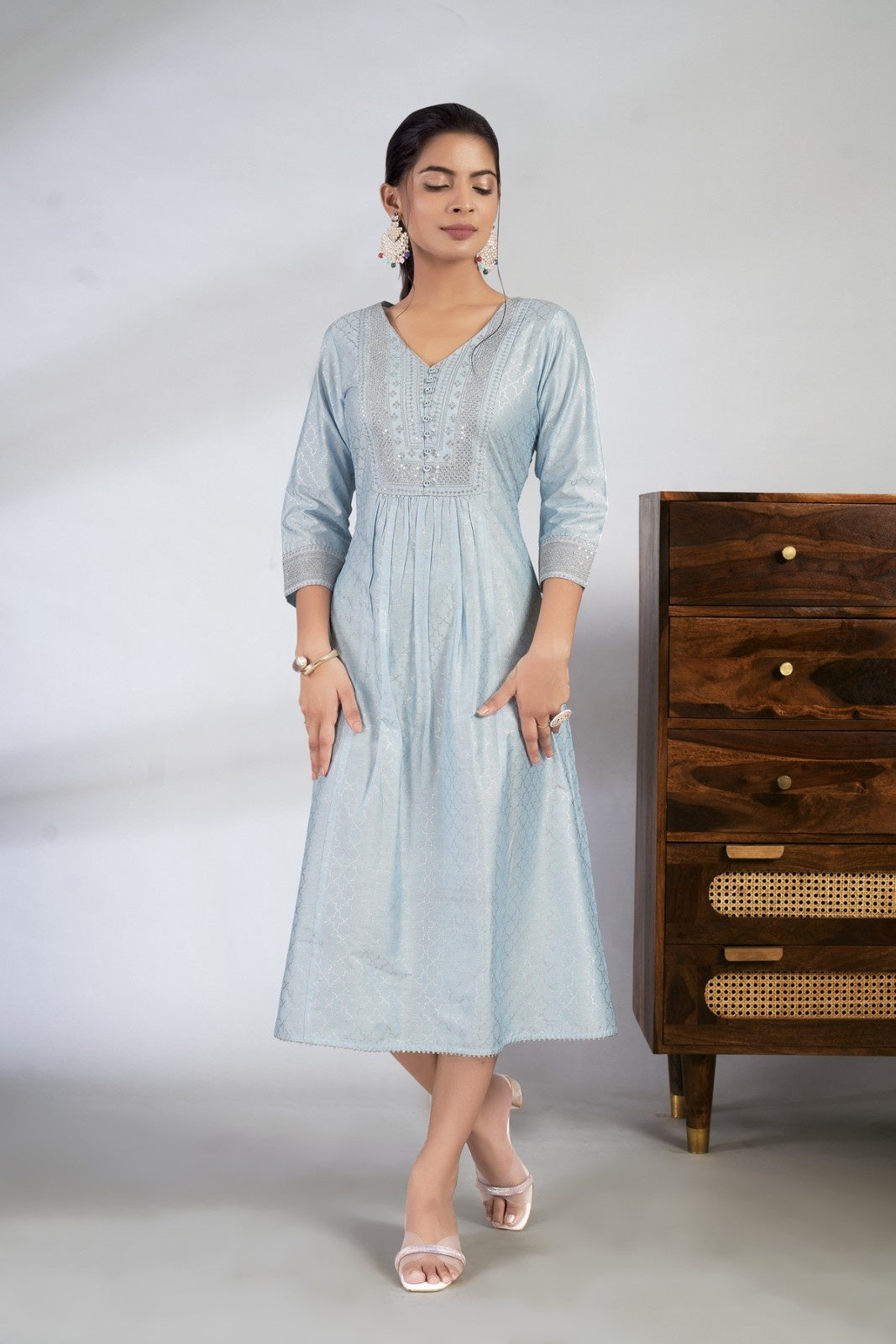 Laxmipati Reshami - KT0068 Sky Blue A-line Foil Print With Embroidered Viscose Woman Kurta