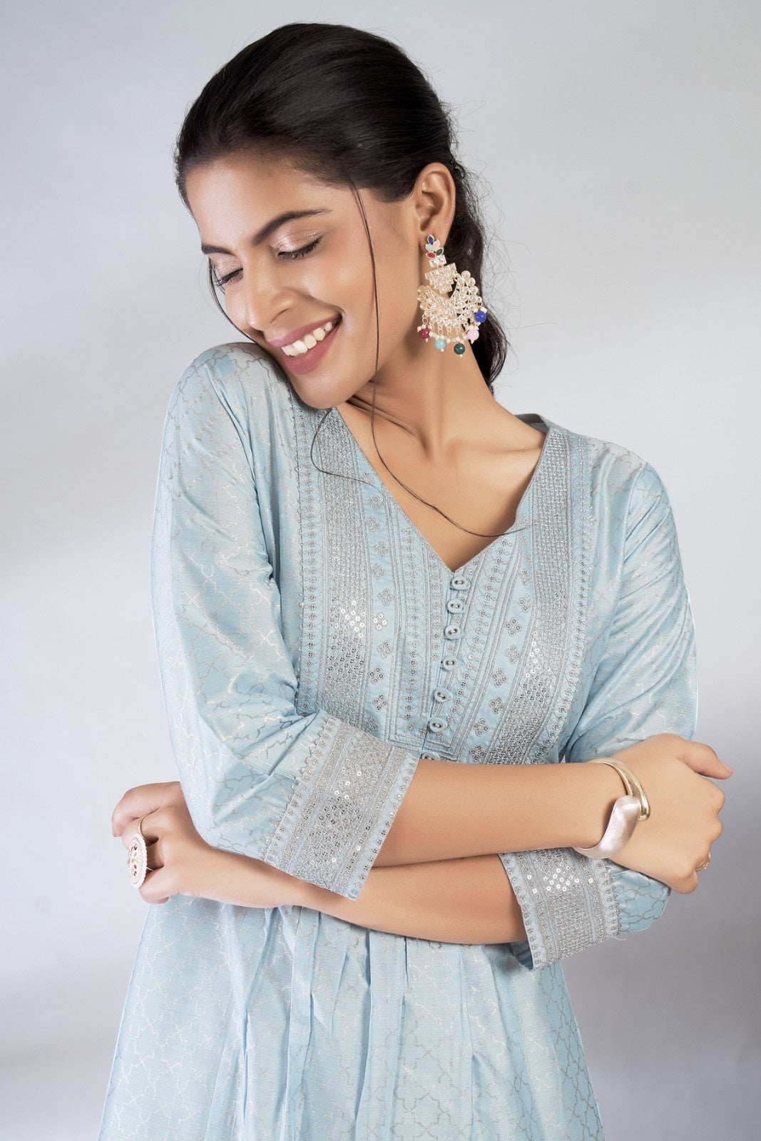 Laxmipati Reshami - KT0068 Sky Blue A-line Foil Print With Embroidered Viscose Woman Kurta