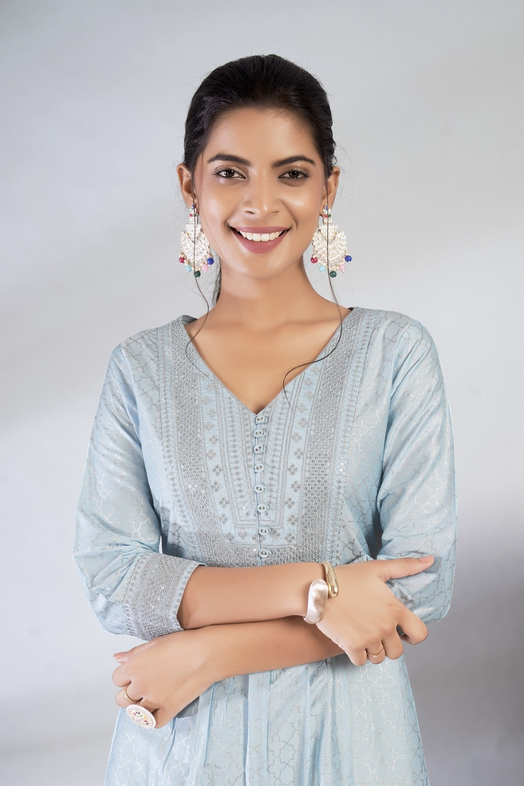 Laxmipati Reshami - KT0068 Sky Blue A-line Foil Print With Embroidered Viscose Woman Kurta