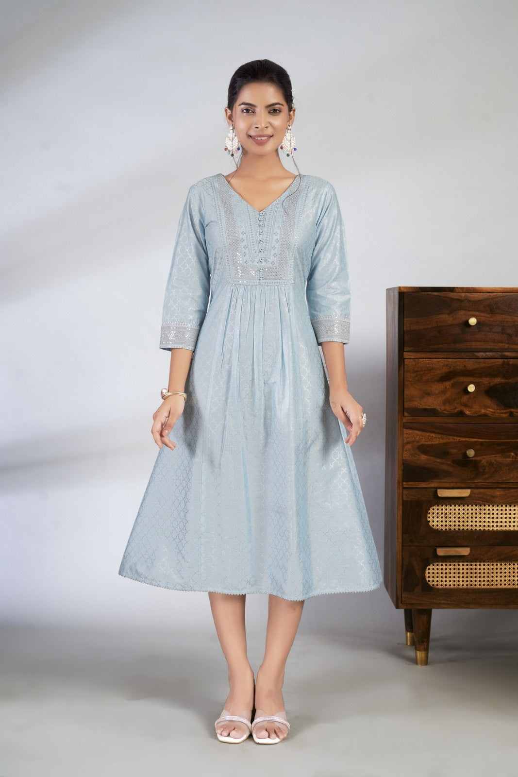 Laxmipati Reshami - KT0068 Sky Blue A-line Foil Print With Embroidered Viscose Woman Kurta