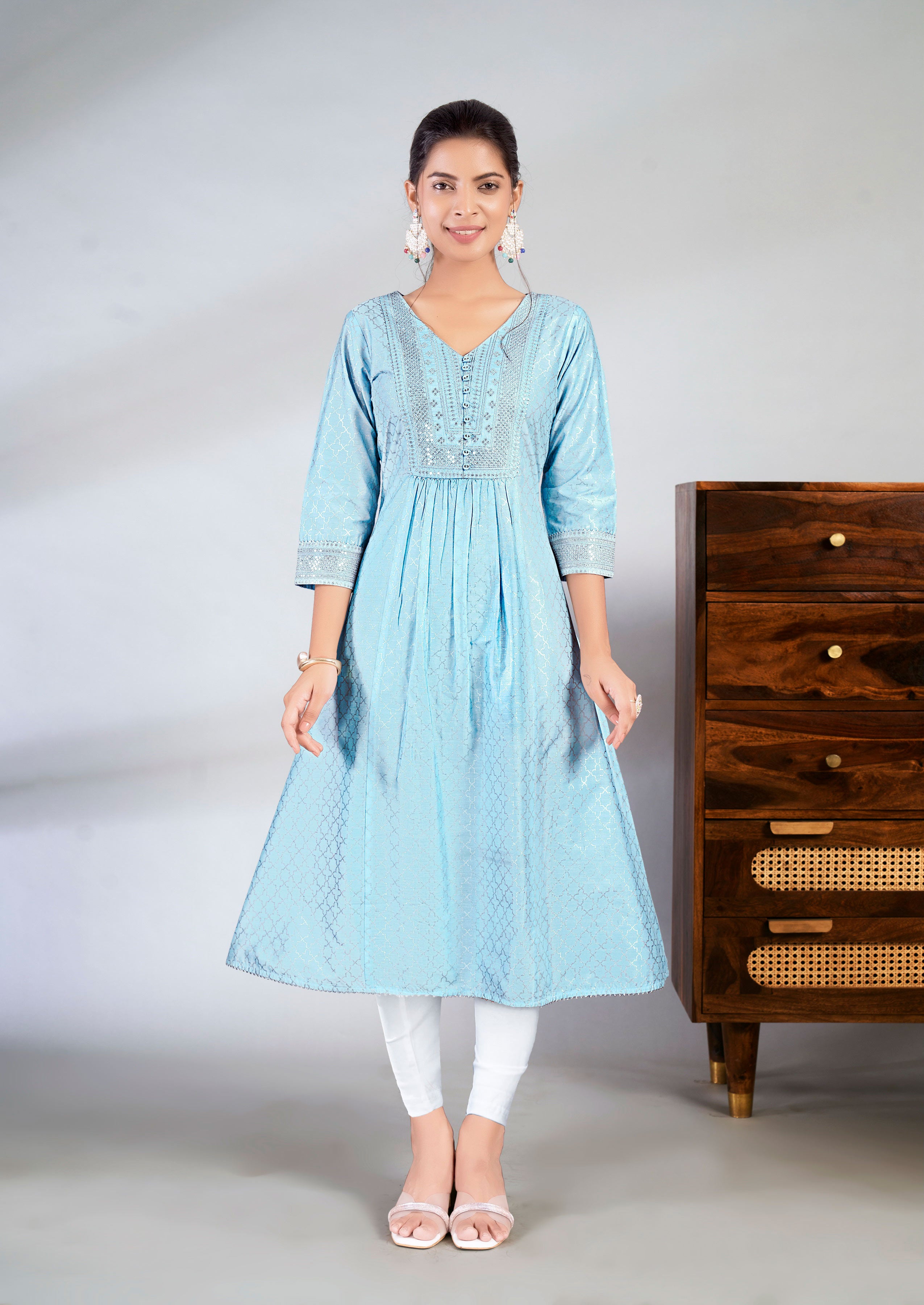 Laxmipati Jasmine Geometric Foil Print Viscose A Line Kurti with Embroidered Neckline in Blue Color