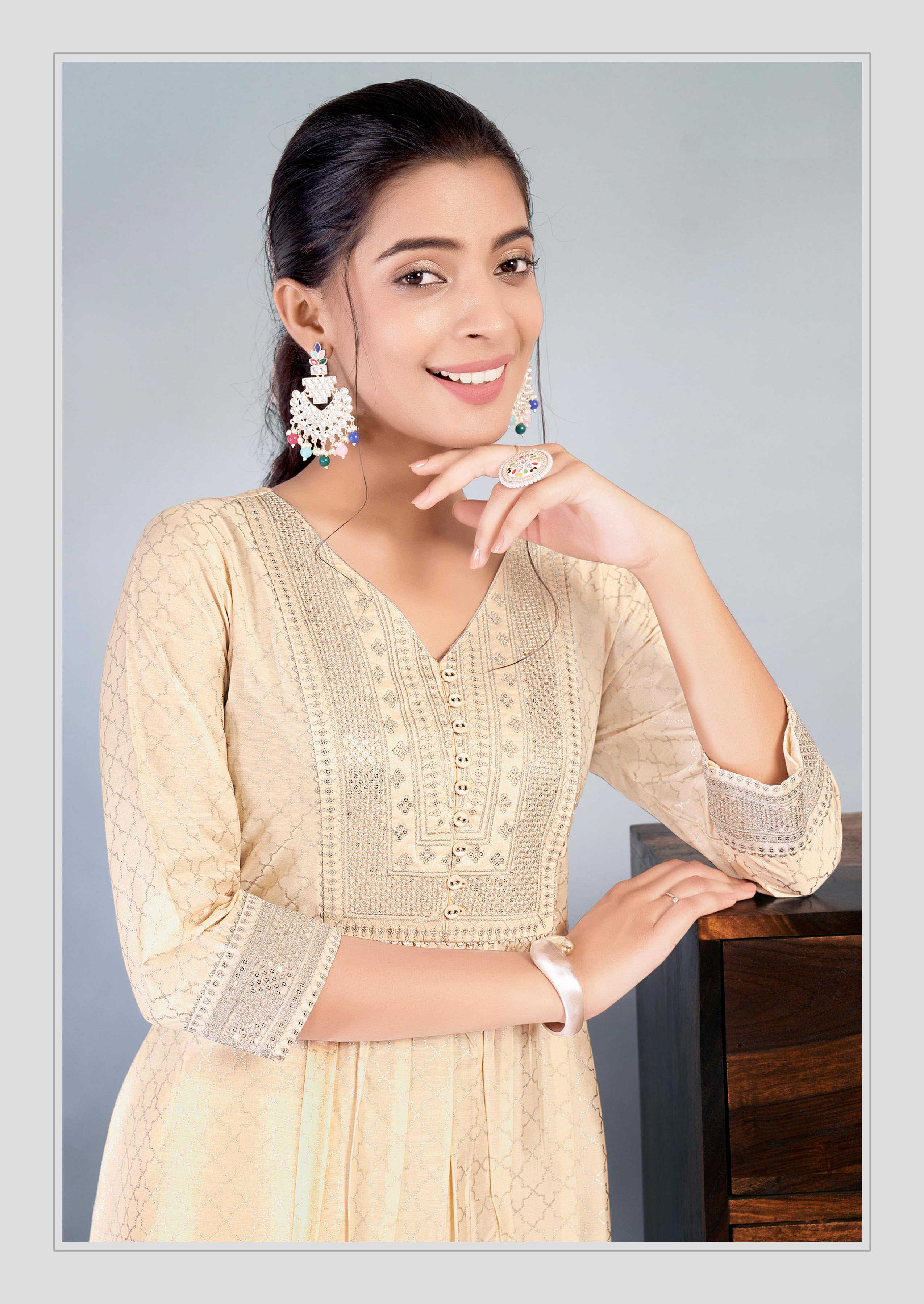 Laxmipati Jasmine Geometric Foil Print Viscose A Line Kurti with Embroidered Neckline in Cream Color