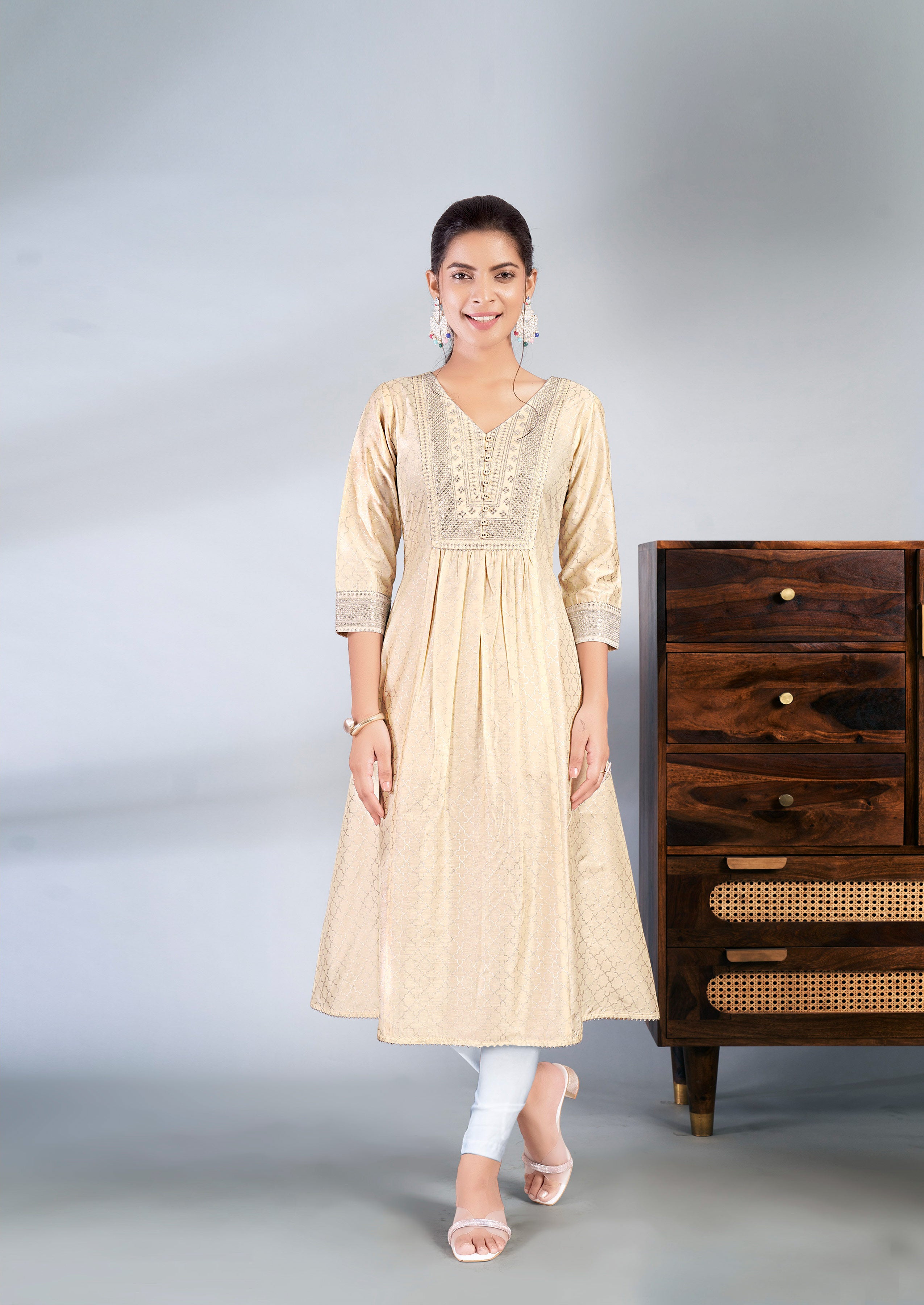 Laxmipati Jasmine Geometric Foil Print Viscose A Line Kurti with Embroidered Neckline in Cream Color