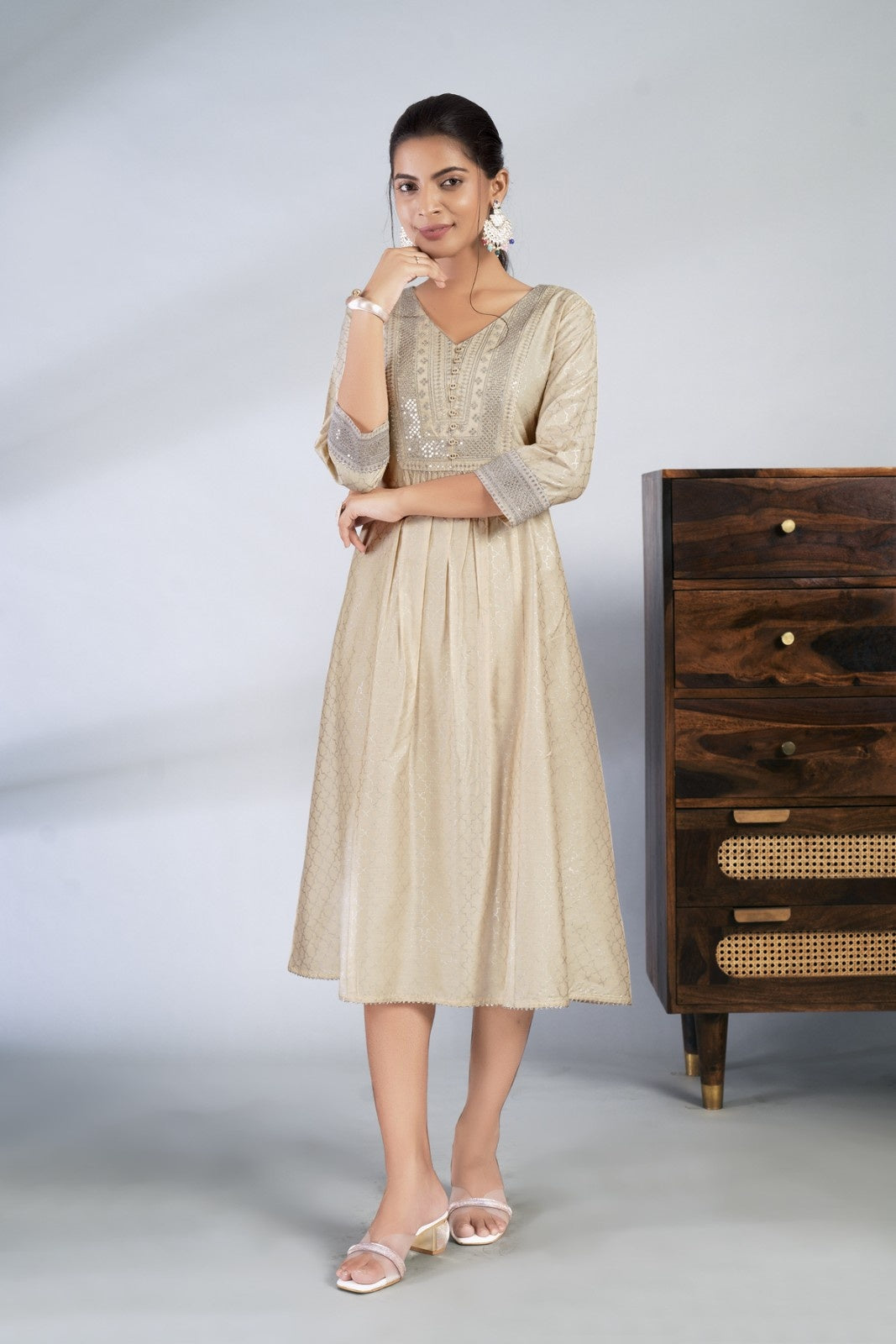 Laxmipati Reshami - KT0069 Cream A-line Foil Print With Embroidered Viscose Woman Kurta