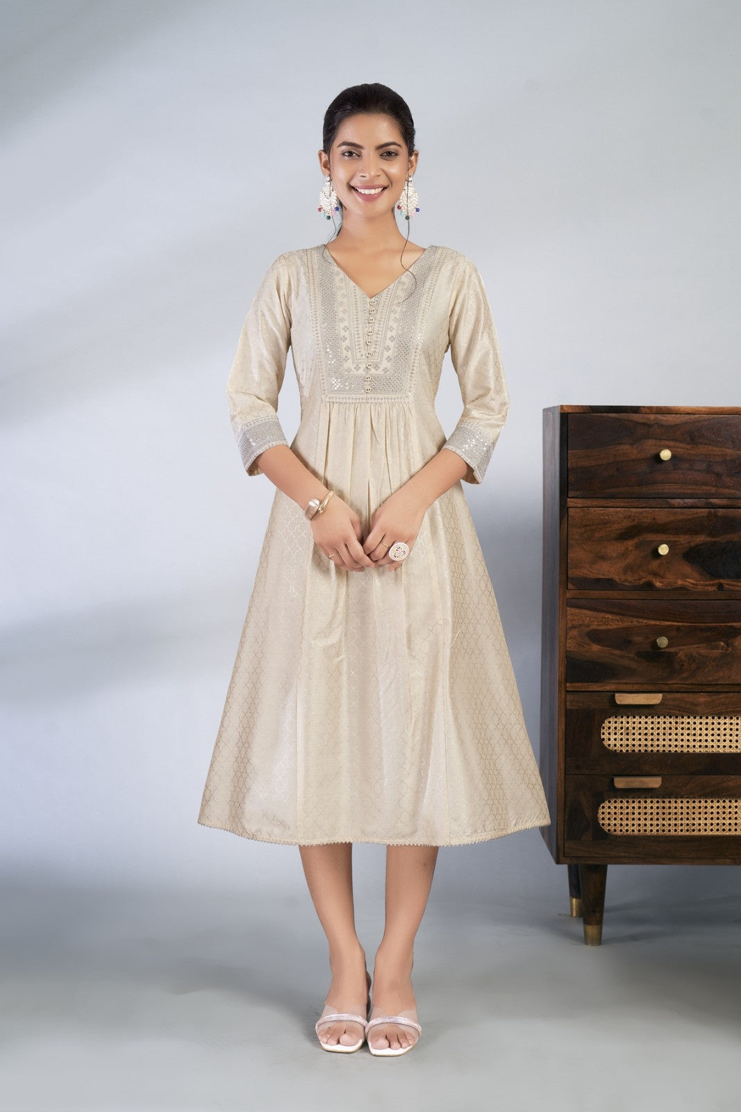 Laxmipati Reshami - KT0069 Cream A-line Foil Print With Embroidered Viscose Woman Kurta