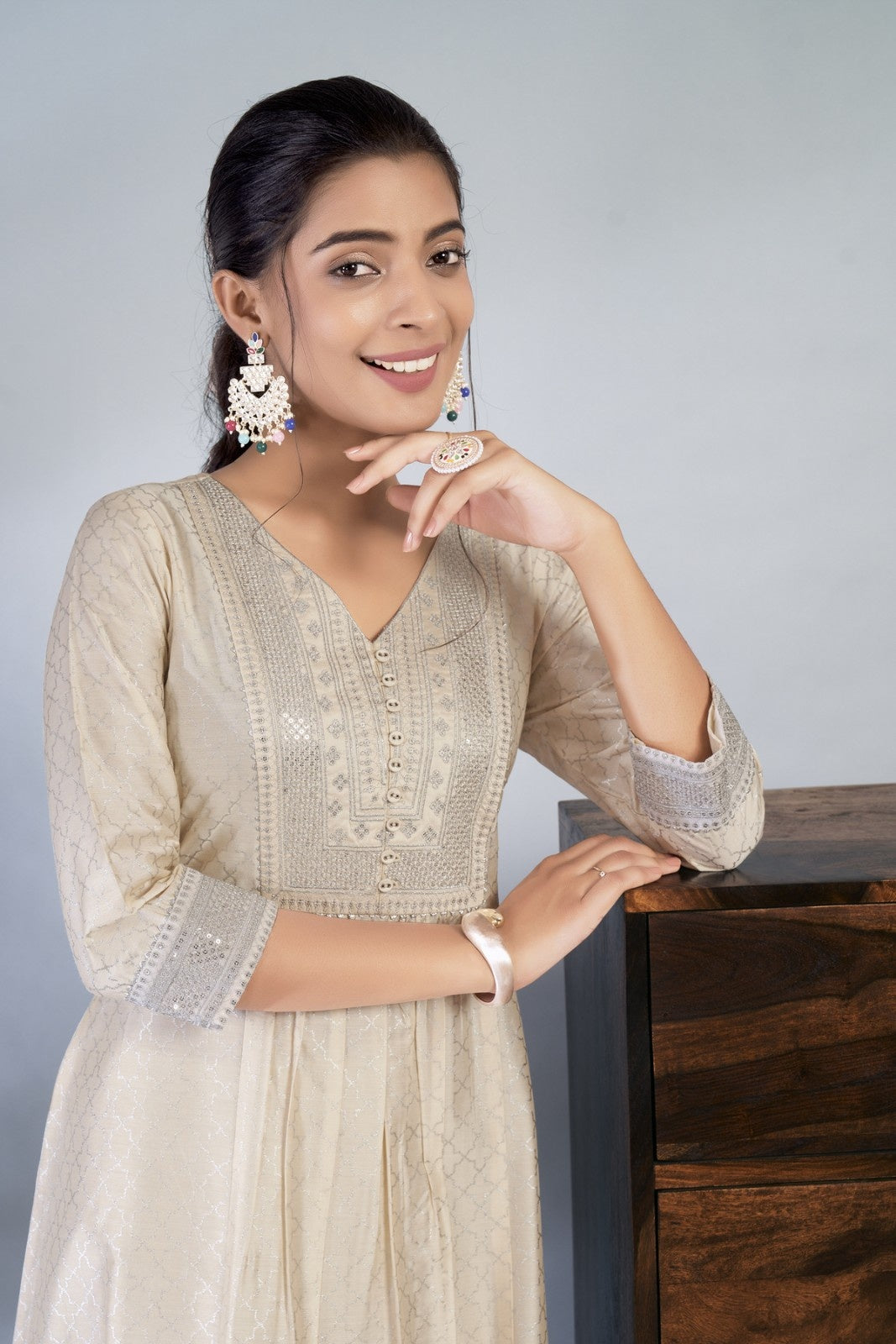 Laxmipati Reshami - KT0069 Cream A-line Foil Print With Embroidered Viscose Woman Kurta