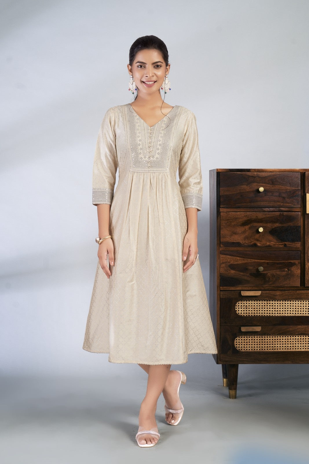 Laxmipati Reshami - KT0069 Cream A-line Foil Print With Embroidered Viscose Woman Kurta